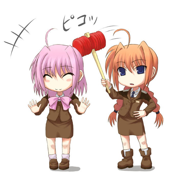 nakayama yukiji, caro ru lushe, vita (nanoha), lyrical nanoha, mahou shoujo lyrical nanoha, mahou shoujo lyrical nanoha strikers, 00s, 2girls, ahoge, blue eyes, bow, braid, chibi, chibi only, closed eyes, mallet, military, military uniform, multiple girls, neffy, pink bow, pink hair, red hair, twin braids