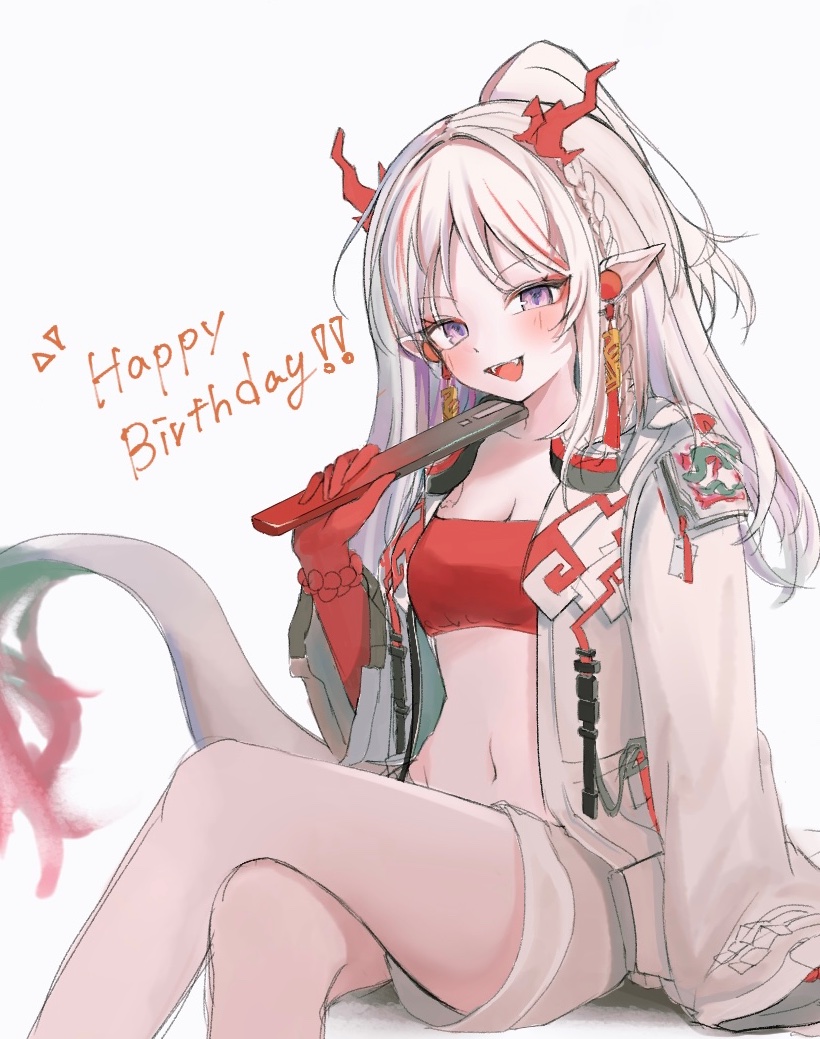 nian (arknights), arknights, commentary, 1girl, 5yakekannn, :d, bandeau, beads, blush, breasts, cleavage, colored extremities, crop top, crossed legs, dragon girl, dragon horns, dragon tail, earrings, folded fan, folding fan, hand fan, happy birthday, holding, holding fan, horns, jacket, jewelry, long hair, looking at viewer, medium breasts, midriff, multicolored hair, navel, open clothes, open jacket, open mouth, pointy ears, purple eyes, red bandeau, red hair, simple background, sitting, smile, solo, streaked hair, tail, white background, white hair, white jacket