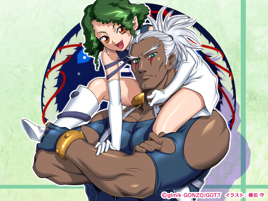 yokota mamoru, a-ou, un-ou, kiddy grade, silver hair, non-web source, 00s, 1boy, 1girl, :d, blue eyes, blue gloves, bracelet, closed mouth, crossed arms, elbow gloves, episode13, expressionless, eyecatch, facepaint, full body, gloves, jewelry, looking at viewer, muscular, on shoulder, open mouth, ponytail, red eyes, size difference, smile, white gloves