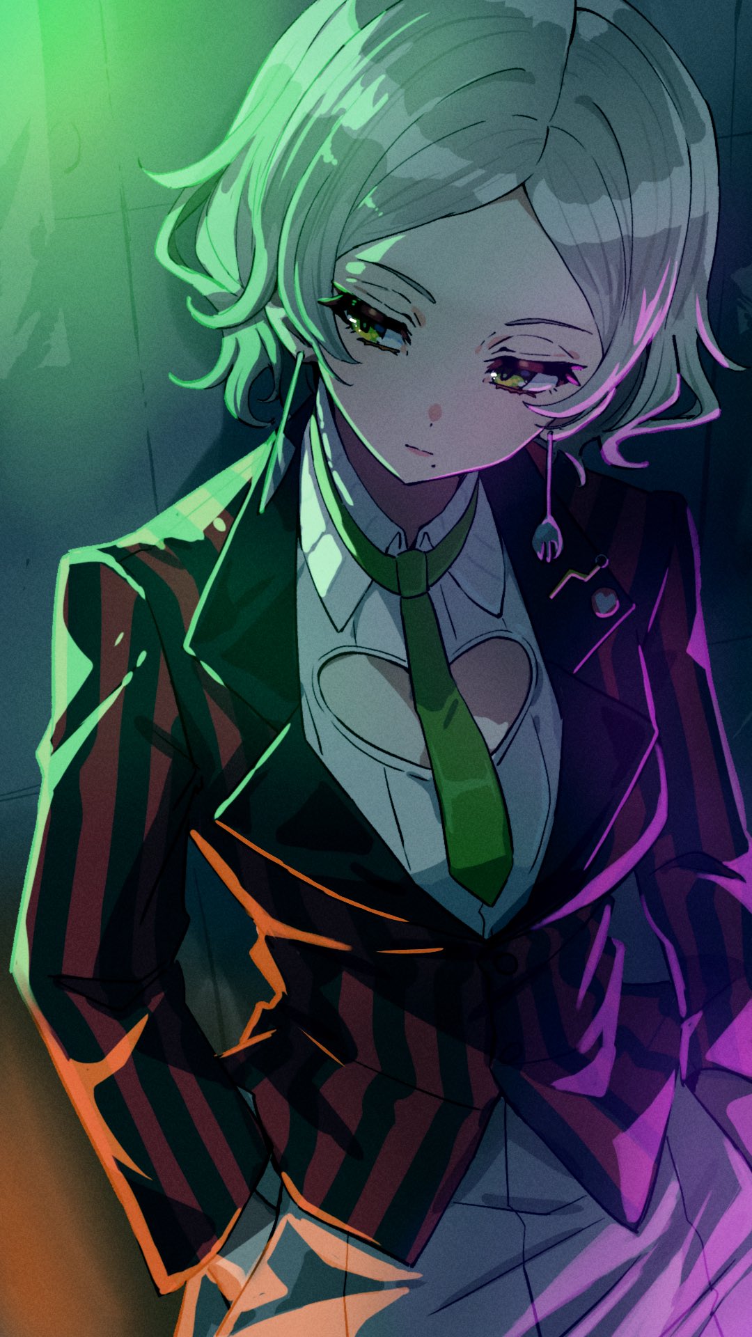 wanowanoji67, denonbu, commentary, english commentary, highres, closed mouth, collared shirt, cowboy shot, earrings, fork, green eyes, green necktie, grey hair, grey pants, haijima ginka, hands in pockets, jacket, jewelry, knife, long sleeves, looking to the side, mole, mole under mouth, necktie, pants, red jacket, shirt, short hair, sidelighting, solo, standing, striped clothes, striped jacket, swept bangs, vertical-striped clothes, vertical-striped jacket, white shirt