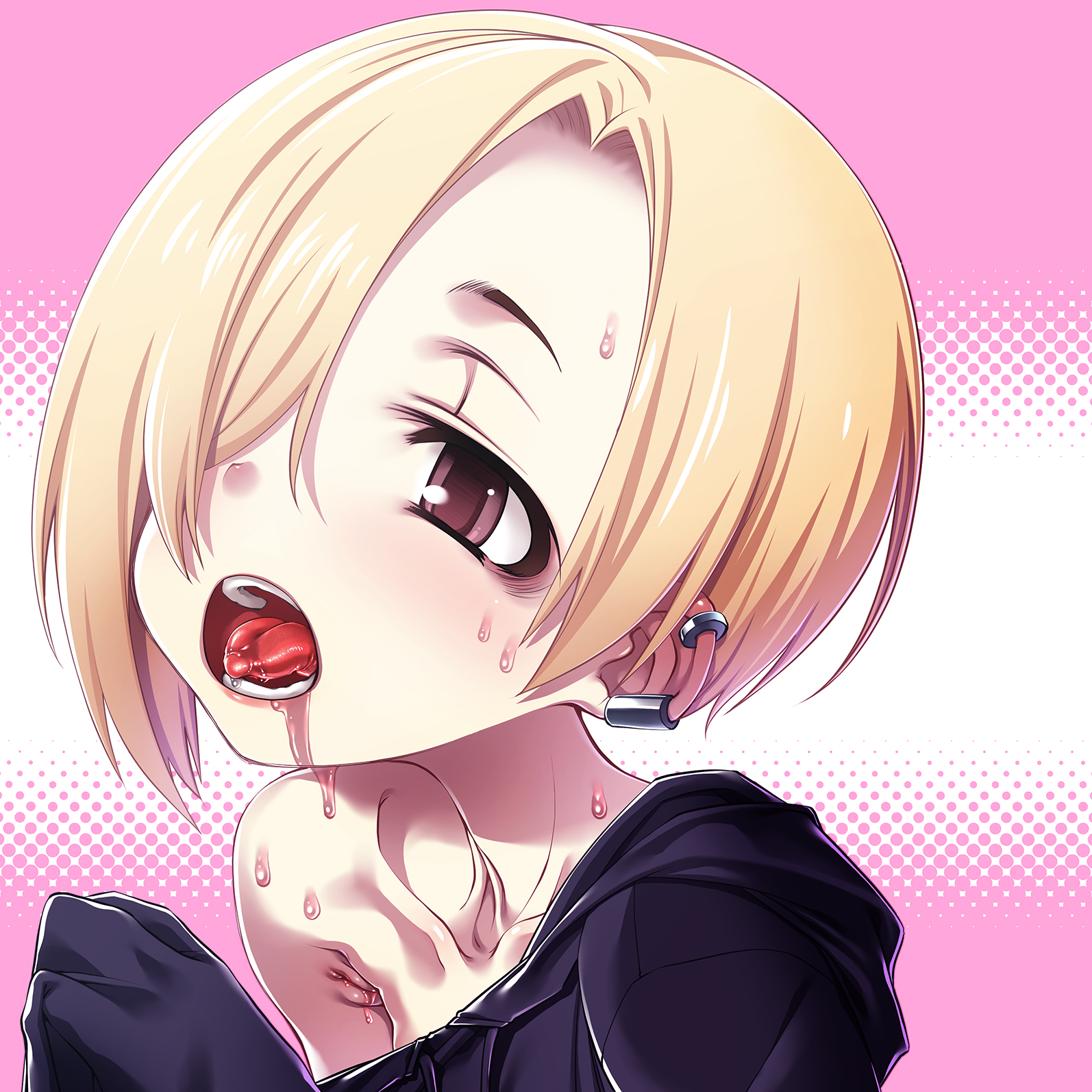 sakuya tsuitachi, shirasaka koume, comiket 93, idolmaster, idolmaster cinderella girls, commentary request, highres, 1girl, blonde hair, brown eyes, collarbone, ear piercing, hair over one eye, looking to the side, open mouth, piercing, saliva, short hair, single bare shoulder, solo, sweat, tongue