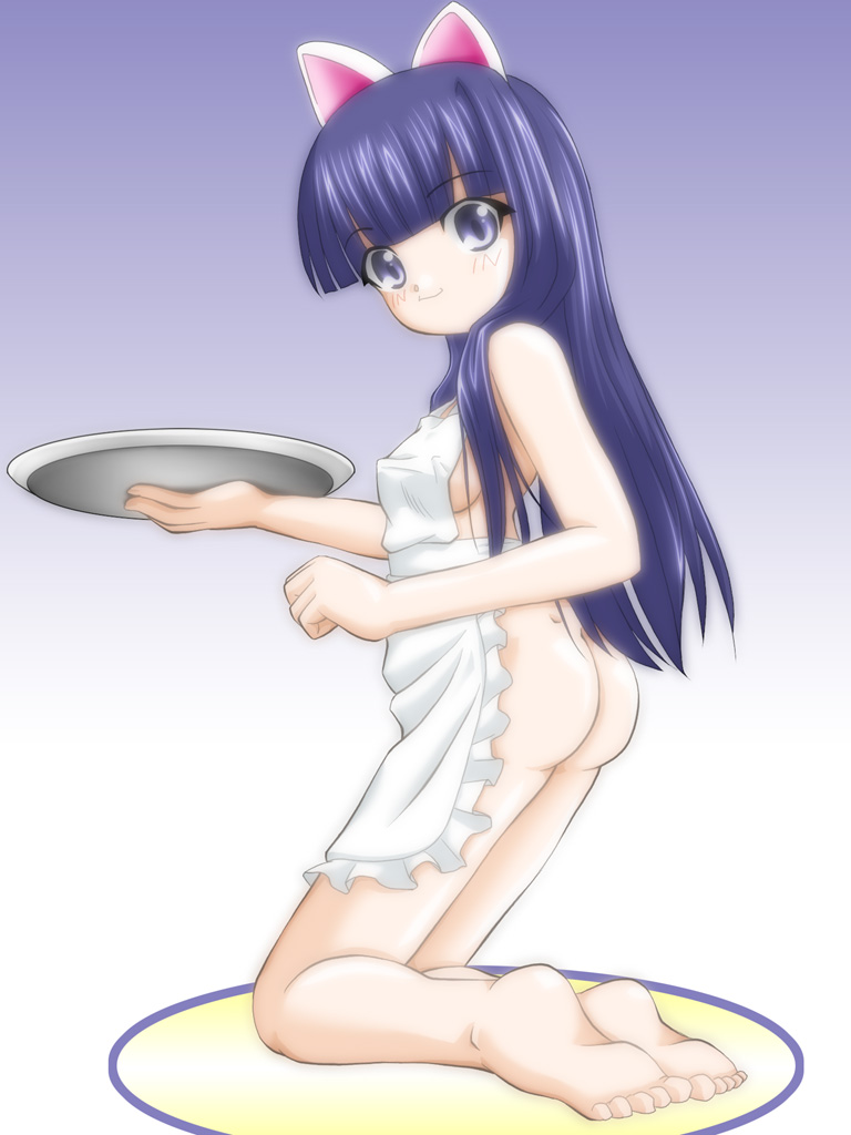 hazuki (tsukuyomi), tsukuyomi moonphase, artist request, 00s, 1girl, animal ears, apron, ass, barefoot, blue eyes, blue hair, blush, breasts, cat ears, feet, female focus, flat chest, kneeling, loli, long hair, matching hair/eyes, naked apron, sideboob, small breasts, solo, toes, tray