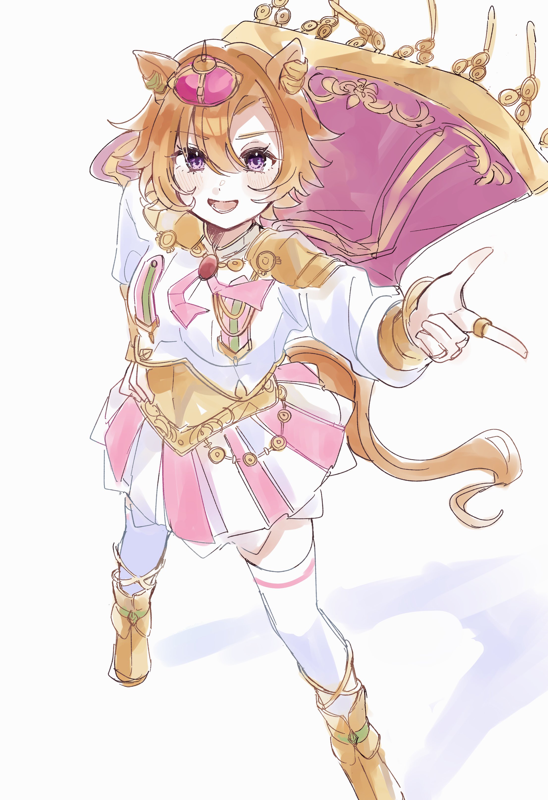mia umauma, t.m. opera o (umamusume), umamusume, absurdres, highres, 1girl, animal ears, blush, breasts, cape, crown, ear ornament, ear piercing, hair between eyes, horse ears, horse girl, horse tail, jewelry, long sleeves, looking at viewer, mini crown, open mouth, orange hair, orange tail, piercing, pink cape, pink crown, pink skirt, purple eyes, shadow, shirt, short hair, simple background, skirt, smile, solo, t.m. opera o (o sole suo!) (umamusume), tail, thighhighs, two-tone skirt, white background, white shirt, white thighhighs