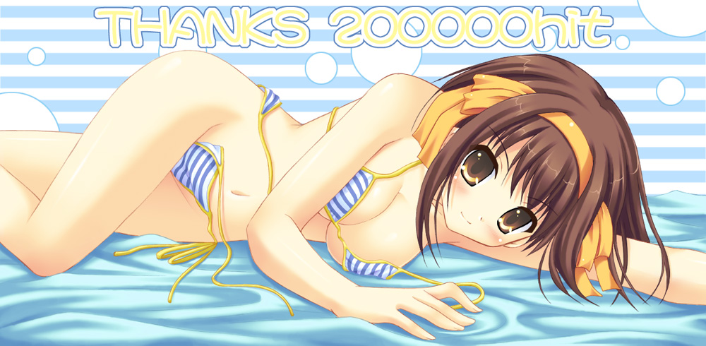 uehiro, suzumiya haruhi, suzumiya haruhi no yuuutsu, untied, 00s, 1girl, bikini, brown hair, female focus, halterneck, short hair, side-tie bikini bottom, solo, striped bikini, striped clothes, swimsuit