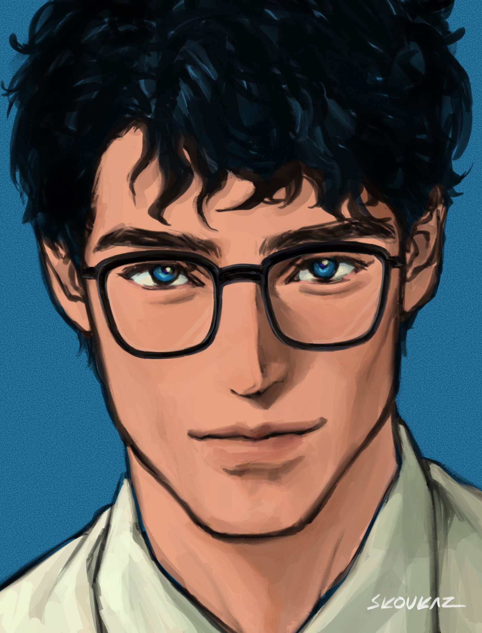 skoukaz, clark kent, dc comics, superman (series), commentary, hashtag-only commentary, highres, 1boy, black-framed eyewear, black hair, blue background, blue eyes, closed mouth, collared shirt, glasses, lips, male focus, parted hair, portrait, shirt, smile, solo, twitter username, wavy hair, white shirt