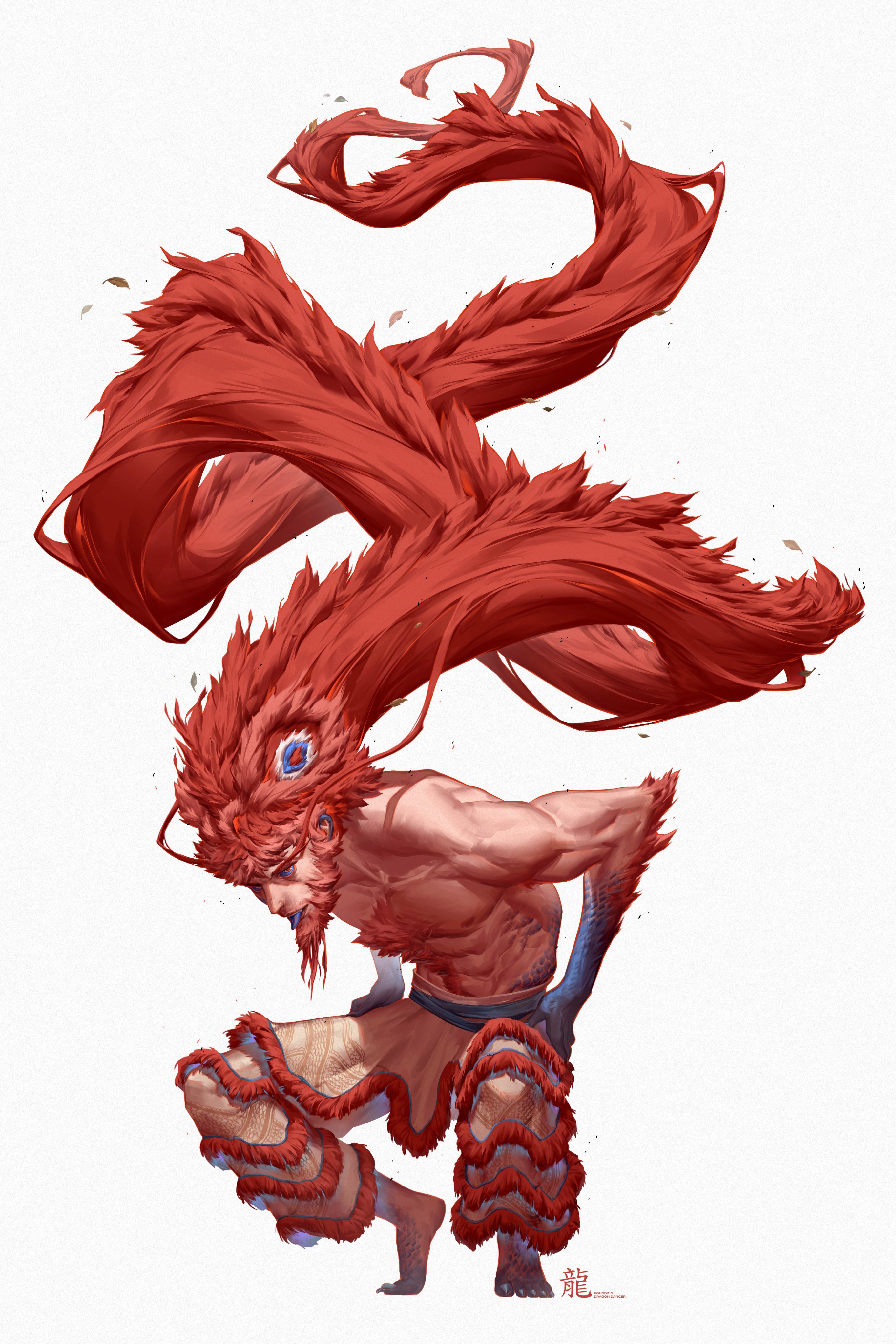 patrick ganas, original, absurdres, highres, 1boy, animal hair, arm hair, beard, blue lips, blue scales, dragon, dragon boy, eastern dragon, facial hair, floating hair, long hair, male focus, orange hair, red hair, simple background, solo, squatting, thick chest hair, toned, toned female, very long hair, white background