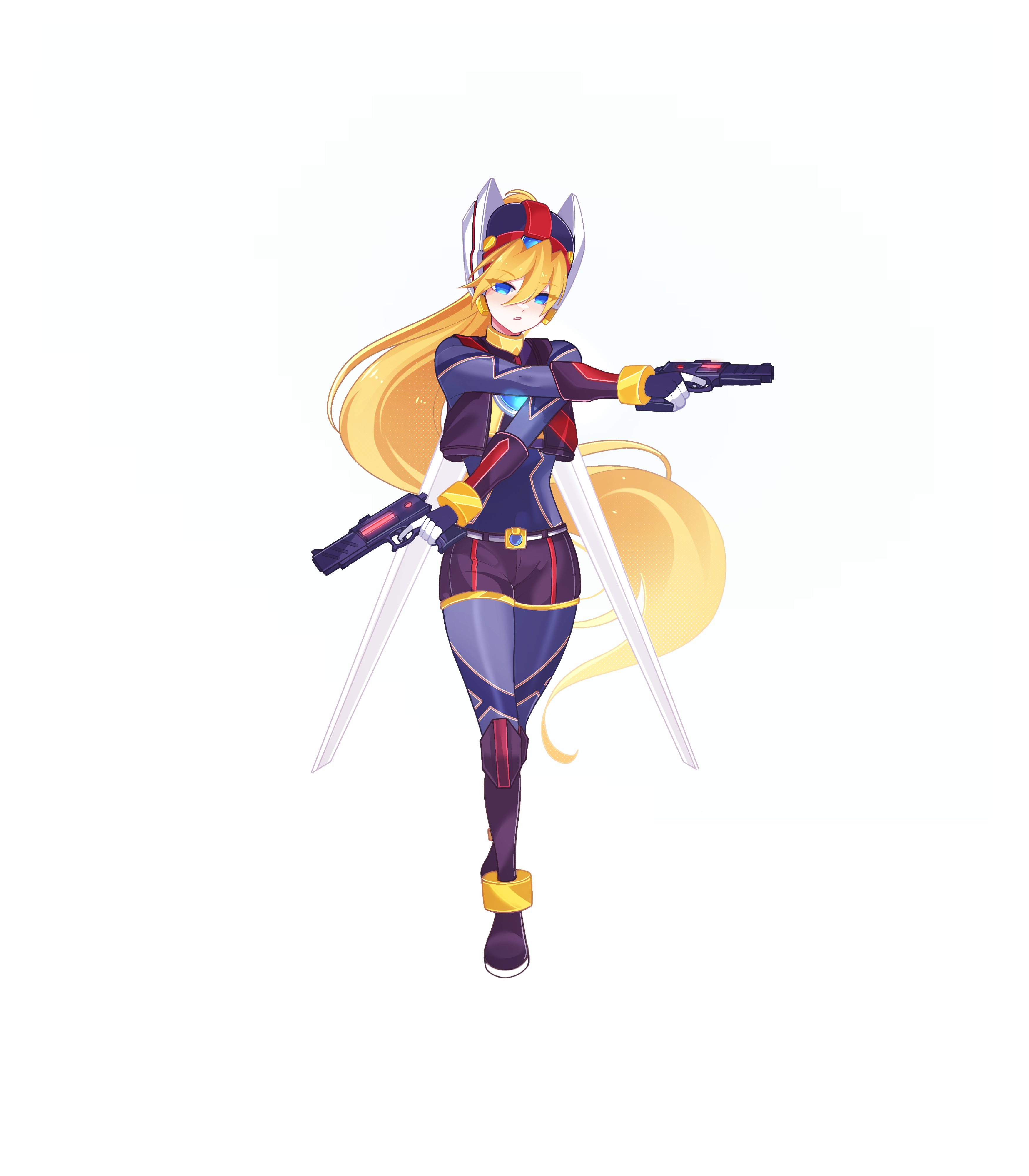 aizeis, ciel (mega man), model a (mega man), mega man (series), mega man zero (series), mega man zx, absurdres, commission, commissioner upload, highres, non-web source, 1girl, alternate costume, armored boots, armored gloves, belt, biometal, blonde hair, blue eyes, body armor, bodystocking, boots, chest jewel, cropped jacket, dual wielding, elbow gloves, energy gun, forehead jewel, full body, gloves, gun, helmet, holding, holding gun, holding weapon, incoming attack, jacket, knee boots, long bangs, long hair, looking at viewer, mechanical ears, mechanical wings, open clothes, open jacket, ponytail, shorts, sleeveless, sleeveless jacket, solo, transparent background, weapon, wings