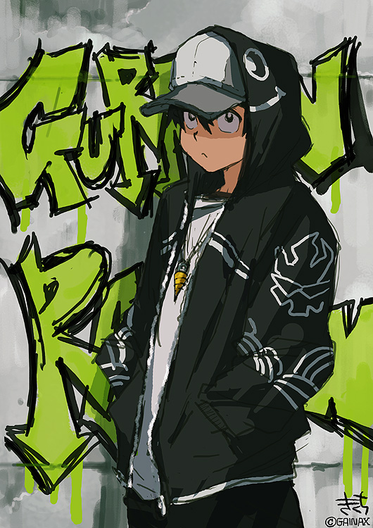 simon (ttgl), tengen toppa gurren lagann, non-web source, official art, 00s, 1boy, alternate costume, contemporary, delinquent, graffiti, hood, hoodie, male focus, solo