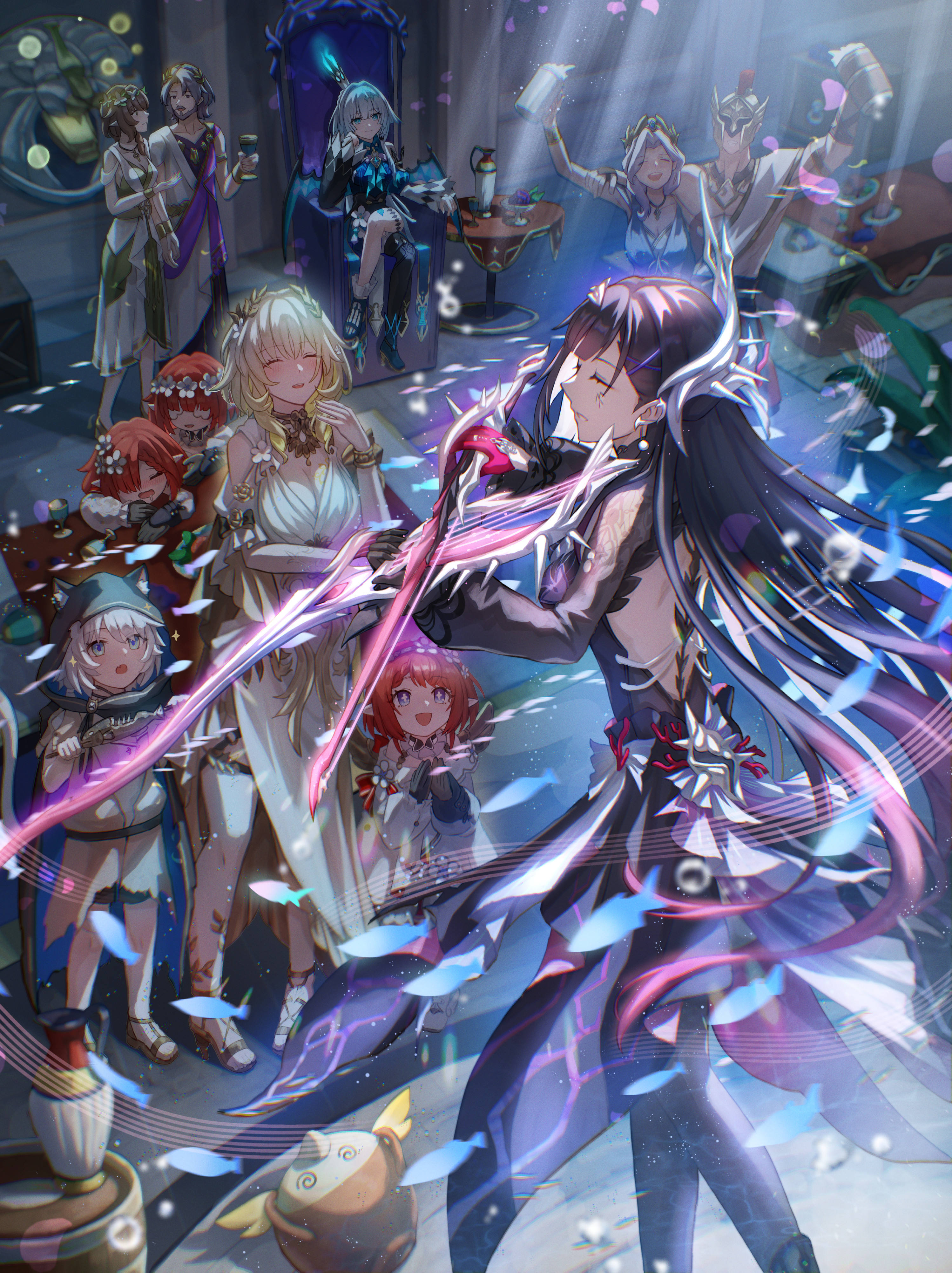 isome, aglaea (honkai: star rail), cerydra (honkai: star rail), cipher (honkai: star rail), cipher (in pursuit of the wind) (honkai: star rail), hysilens (honkai: star rail), trianne (honkai: star rail), tribbie (honkai: star rail), trinnon (honkai: star rail), honkai: star rail, honkai (series), absurdres, character request, commentary request, highres, 2girls, 6+girls, ancient greek clothes, animal ears, animal hood, beer mug, black dress, black hair, black hood, blonde hair, blue dress, blue eyes, blue hair, breasts, brown dress, cat ears, cat girl, cat hood, cheering, cleavage, cross-shaped pupils, crown, cup, dress, dried fish, eating, greco-roman clothes, grey hair, head wreath, helmet, holding, holding cup, holding instrument, holding violin, hood, instrument, large breasts, laurel crown, mug, multiple girls, music, official alternate costume, playing instrument, pointy ears, red hair, sitting on throne, smile, symbol-shaped pupils, table, tiara, violin, white dress