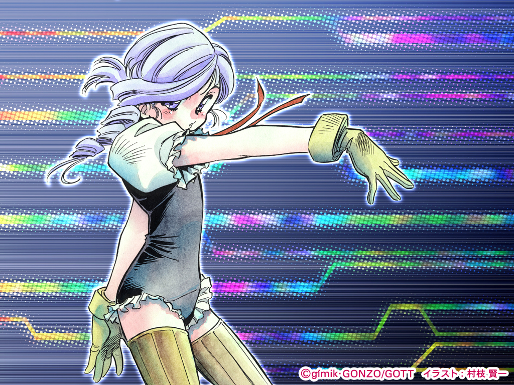 muraeda ken'ichi, lumiere (kiddy grade), kiddy grade, non-web source, 00s, episode11, eyecatch, leotard, solo, striped clothes, striped thighhighs, thighhighs, vertical-striped clothes, vertical-striped thighhighs