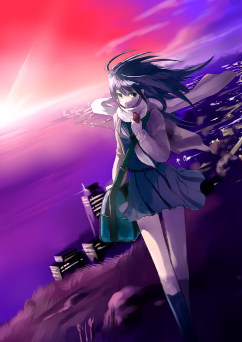 adachi yousuke, tagme, 1girl, bag, black shirt, black socks, blouse, duffel bag, female focus, kneehighs, miniskirt, neckerchief, outdoors, school uniform, serafuku, shirt, skirt, sky, socks, solo, white neckerchief