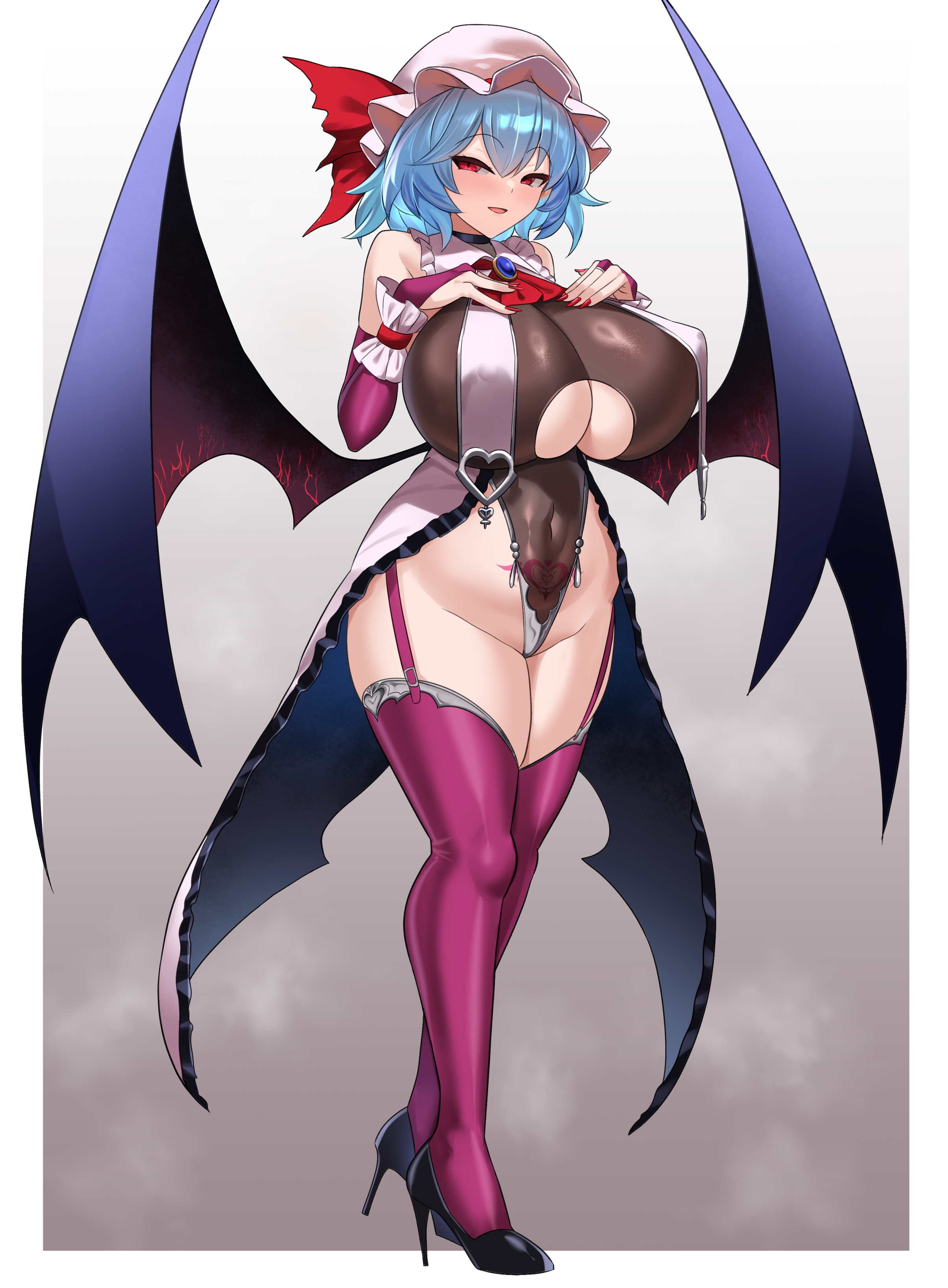 sinkai, remilia scarlet, touhou, absurdres, highres, 1girl, bat wings, blue eyes, bow, braid, breasts, elbow gloves, gloves, hair bow, high heels, huge breasts, impossible clothes, impossible leotard, large breasts, leotard, looking at viewer, maid headdress, pink thighhighs, red eyes, short hair, showgirl skirt, smile, solo, steaming body, thighhighs, thighs, twin braids, wings