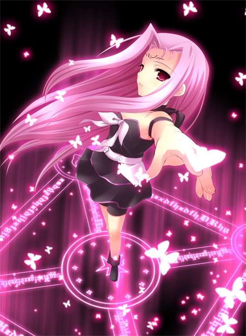 yukizuki chikuba, lutecia, lutecia alpine, lyrical nanoha, mahou shoujo lyrical nanoha, mahou shoujo lyrical nanoha strikers, 00s, 1girl, armpits, bare shoulders, black dress, bug, butterfly, collarbone, dress, facial mark, female focus, forehead mark, foreshortening, glowing, insect, layered dress, long hair, looking at viewer, magic, magic circle, magical girl, outstretched arm, pink hair, red eyes, solo, standing, standing on magic circle, very long hair