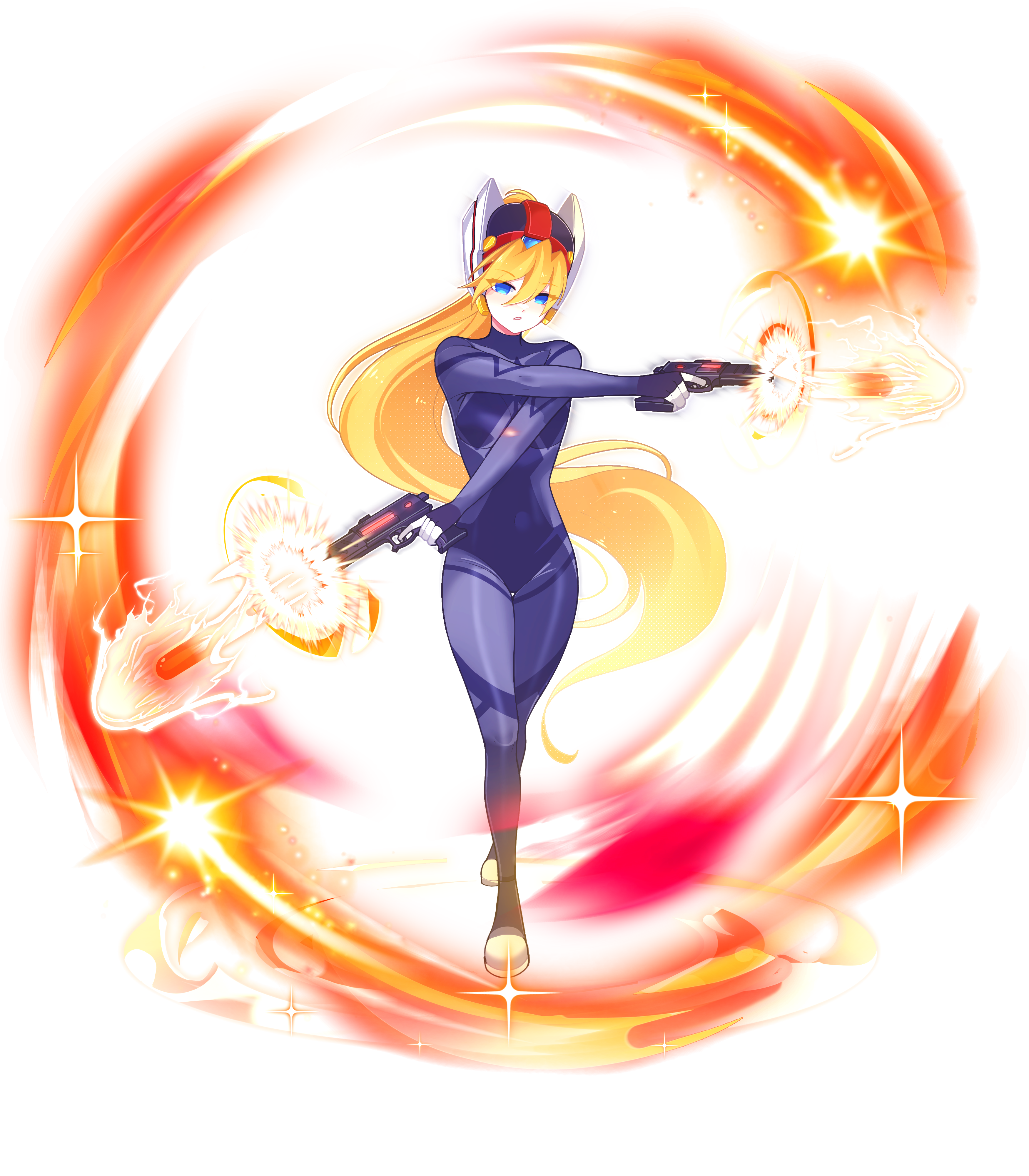 aizeis, ciel (mega man), model a (mega man), mega man (series), mega man zero (series), mega man zx, absurdres, commission, commissioner upload, highres, non-web source, 1girl, alternate costume, biometal, blonde hair, blue eyes, bodystocking, boots, bullet, dual wielding, energy, energy gun, firing, forehead jewel, full body, gloves, gun, helmet, holding, holding gun, holding weapon, incoming attack, long bangs, long hair, looking at viewer, mechanical ears, no armor, ponytail, shorts, solo, transparent background, weapon