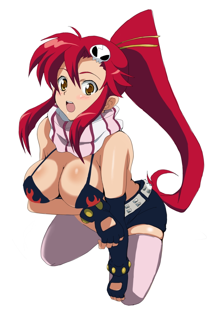 toku (tokuhp), tokuhp, yoko littner, tengen toppa gurren lagann, highres, 00s, 1girl, asymmetrical gloves, bikini, bikini top only, blush, breasts, cleavage, female focus, gloves, kneeling, large breasts, ponytail, red hair, short shorts, shorts, solo, swimsuit, thighhighs, uneven gloves