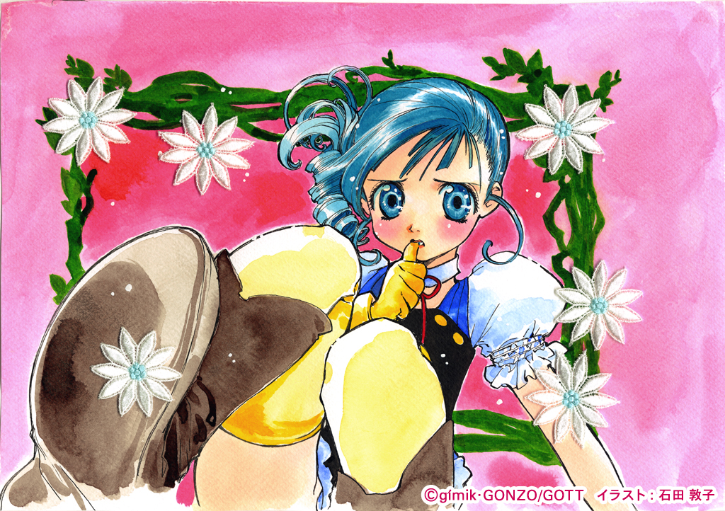 ishida atsuko, lumiere (kiddy grade), kiddy grade, non-web source, 00s, 1girl, biting, biting own thumb, blue eyes, blue hair, blush, boots, choker, curly hair, episode9, eyecatch, female focus, flower, leotard, matching hair/eyes, pink background, puffy sleeves, short hair, solo, thighhighs, yellow thighhighs
