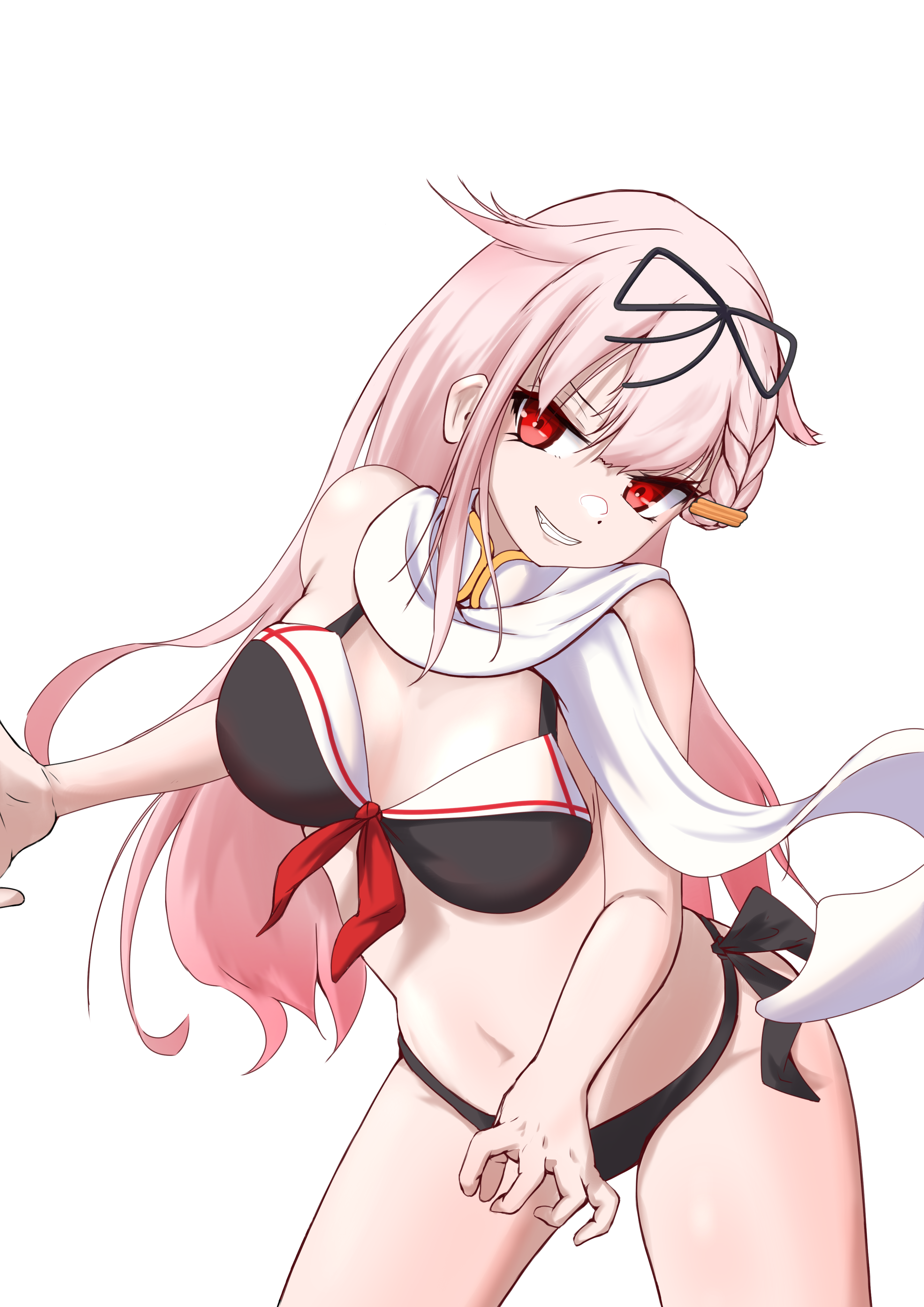 tastas, yuudachi (kancolle), yuudachi kai ni (swimsuit) (kancolle), kantai collection, absurdres, highres, 1girl, adapted costume, bikini, black bikini, black ribbon, blonde hair, breasts, grin, hair flaps, hair ornament, hairclip, long hair, medium breasts, red eyes, ribbon, sailor bikini, sailor collar, scarf, side-tie bikini bottom, simple background, smile, solo, swimsuit, white background, white scarf