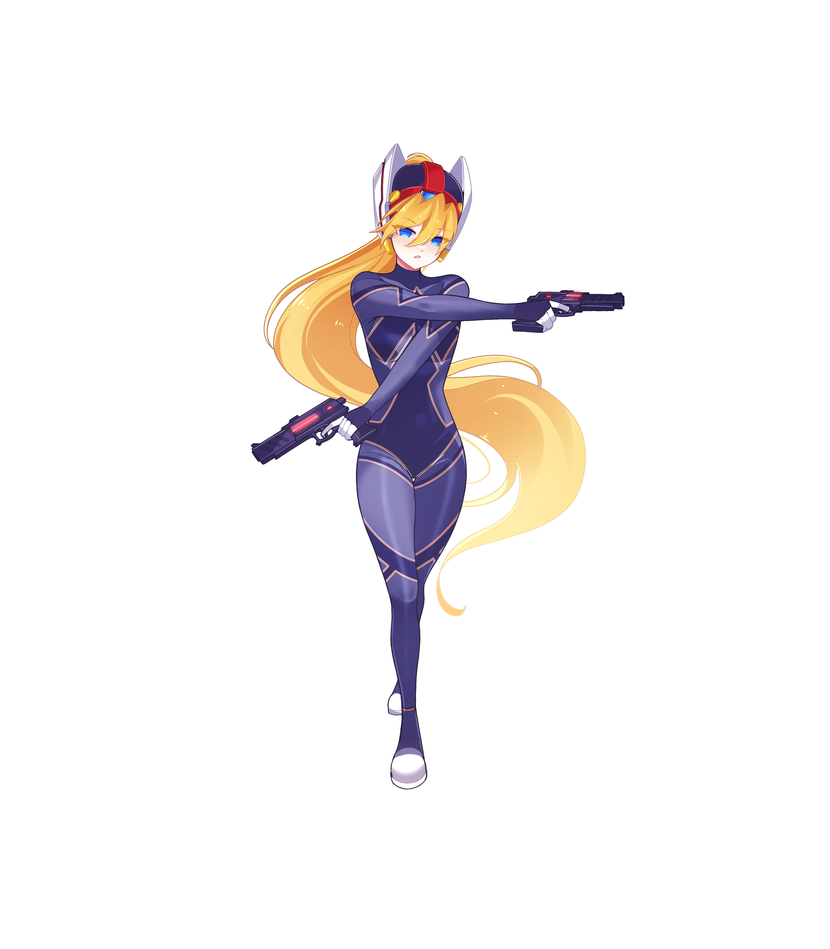 aizeis, ciel (mega man), model a (mega man), mega man (series), mega man zero (series), mega man zx, absurdres, commission, commissioner upload, highres, non-web source, 1girl, alternate costume, biometal, blonde hair, blue eyes, bodystocking, boots, dual wielding, energy gun, forehead jewel, full body, gloves, gun, helmet, holding, holding gun, holding weapon, incoming attack, long bangs, long hair, looking at viewer, mechanical ears, no armor, ponytail, shorts, solo, transparent background, weapon