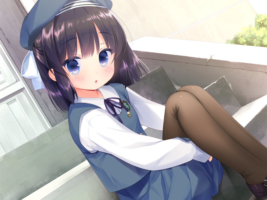 piyodera mucha, otomari koibito lolita, game cg, large variant set, non-web source, variant set, 1girl, :o, black hair, black shoes, blue eyes, blue hat, blue skirt, blue vest, blush, brown pantyhose, collared shirt, day, feet out of frame, hat, knees up, kotae (otomari koibito lolita), long sleeves, looking at viewer, medium hair, neck ribbon, open mouth, outdoors, pantyhose, pleated skirt, purple ribbon, ribbon, shirt, shoes, sitting, skirt, solo, stairs, vest, white shirt