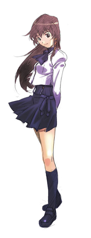 haritama hiroki, original, 1girl, arms behind back, black eyes, female focus, hair ribbon, kneehighs, long hair, purple hair, ribbon, school uniform, serafuku, skirt, smile, socks, solo
