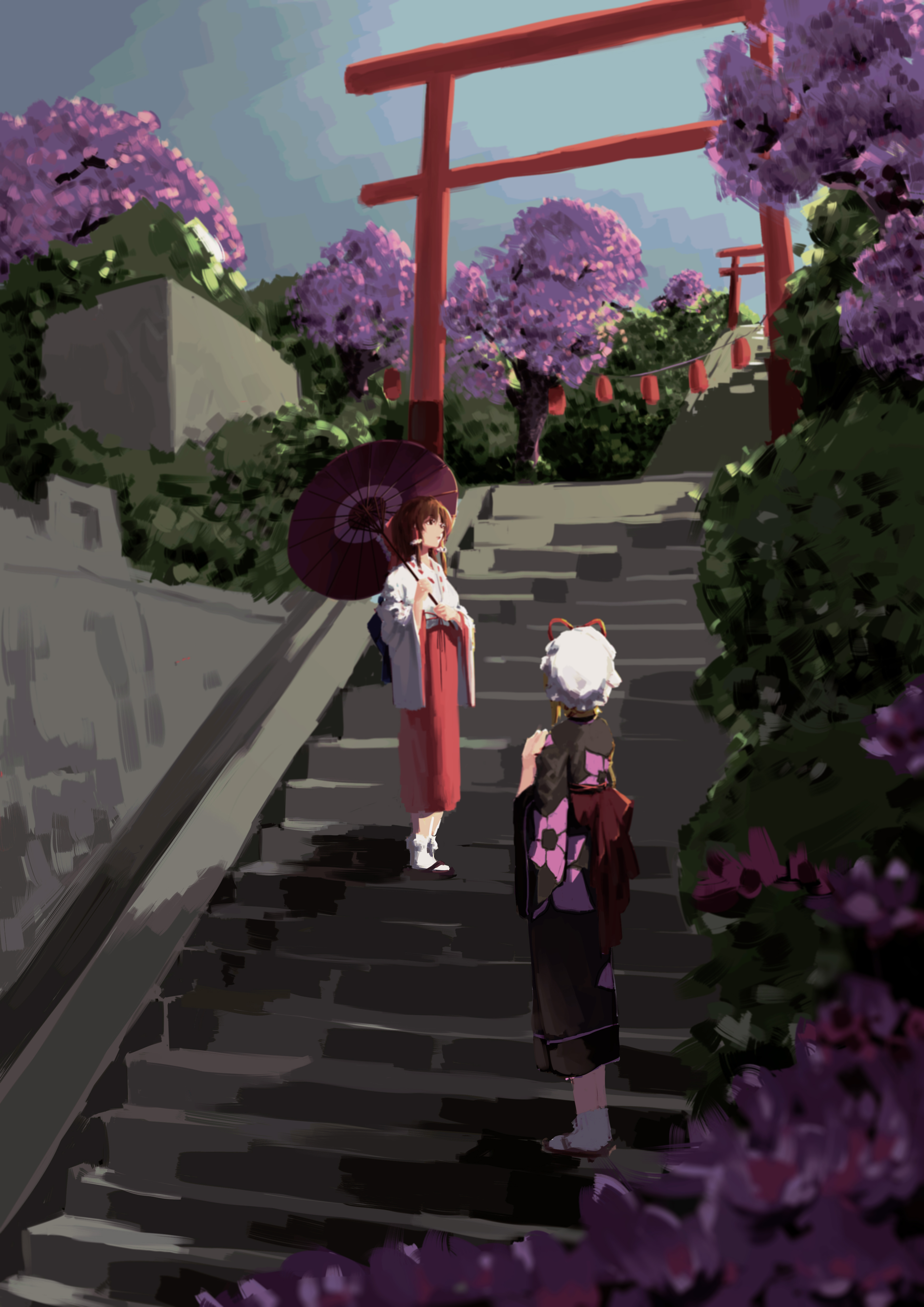 mmmarisa, hakurei reimu, yakumo yukari, touhou, absurdres, chinese commentary, commentary, highres, 2girls, alternate costume, black kimono, blonde hair, blurry, bow, brown hair, cherry blossoms, floral print, floral print kimono, from side, full body, hair tubes, hakama, hat, holding, holding umbrella, impasto, japanese clothes, kimono, long sleeves, mob cap, multiple girls, multiple torii, print kimono, red bow, sandals, socks, stairs, torii, umbrella, white kimono, white socks, yukata