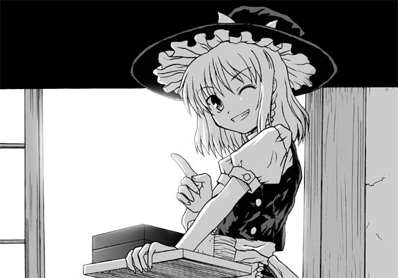 tsuyadashi shuuji, kirisame marisa, touhou, 1girl, dress, female focus, greyscale, grin, hat, monochrome, pinafore dress, sleeveless dress, smile, solo, witch hat