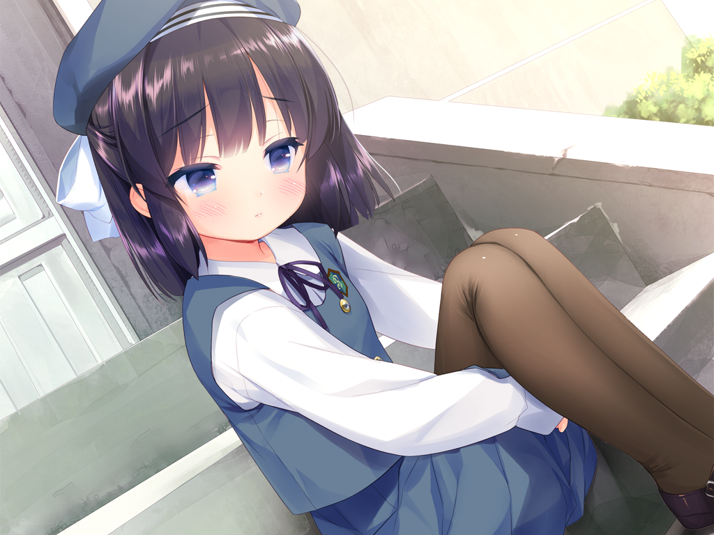 piyodera mucha, otomari koibito lolita, game cg, large variant set, non-web source, variant set, 1girl, black hair, black shoes, blue eyes, blue hat, blue skirt, blue vest, blush, brown pantyhose, closed mouth, collared shirt, day, feet out of frame, hat, knees up, kotae (otomari koibito lolita), long sleeves, looking to the side, medium hair, neck ribbon, outdoors, pantyhose, pleated skirt, purple ribbon, ribbon, shirt, shoes, sitting, skirt, solo, stairs, vest, white shirt
