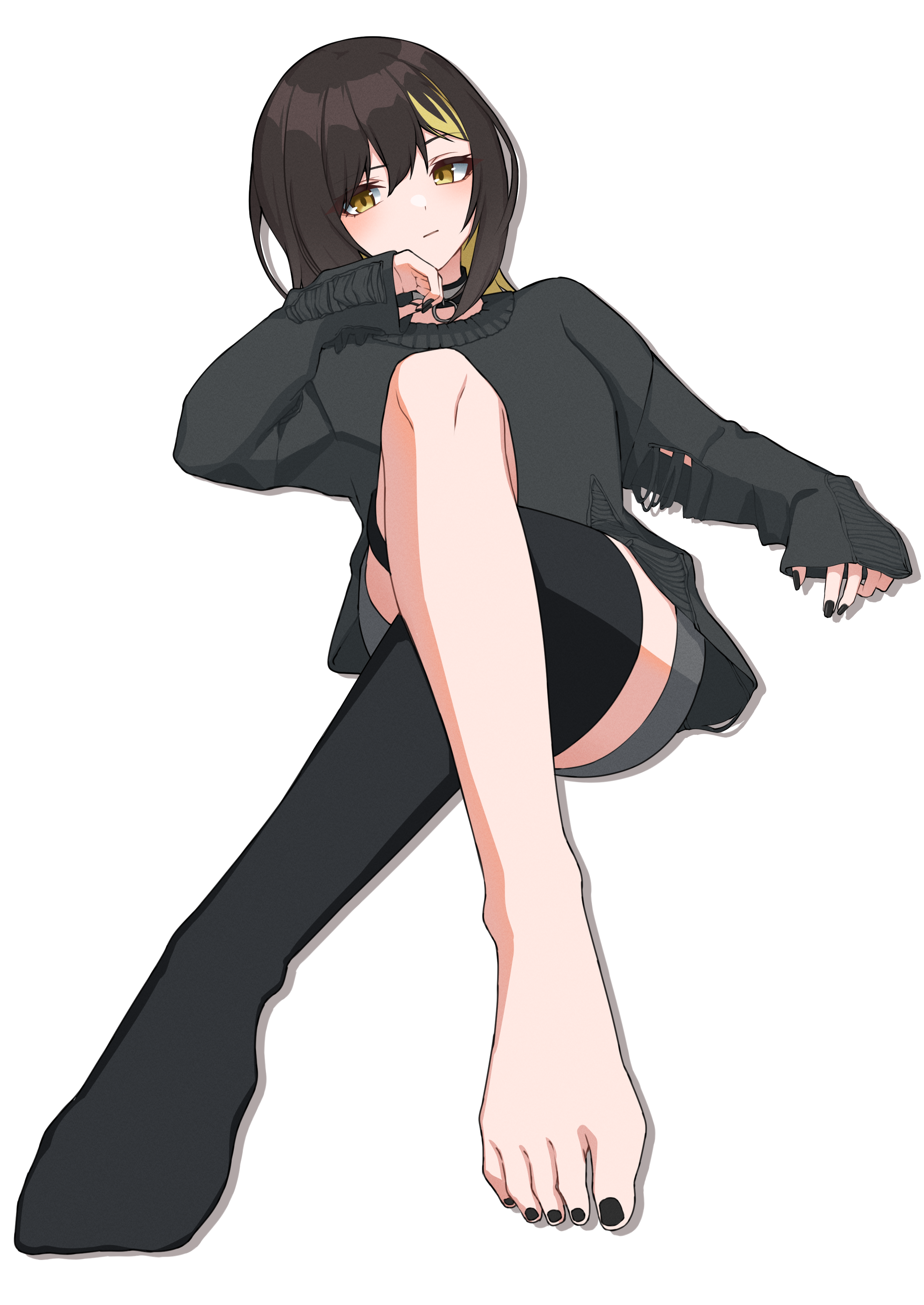 camellia 90, ikaruga luca, idolmaster, idolmaster shiny colors, absurdres, highres, 1girl, black hair, black nails, black sweater, blonde streaks, closed mouth, feet, fingernails, full body, hand up, long fingernails, long sleeves, medium hair, multicolored hair, nail polish, no shoes, simple background, single bare foot, single thighhigh, sitting, sleeves past wrists, solo, streaked hair, sweater, thighhighs, toenail polish, toenails, toes, white background, yellow eyes