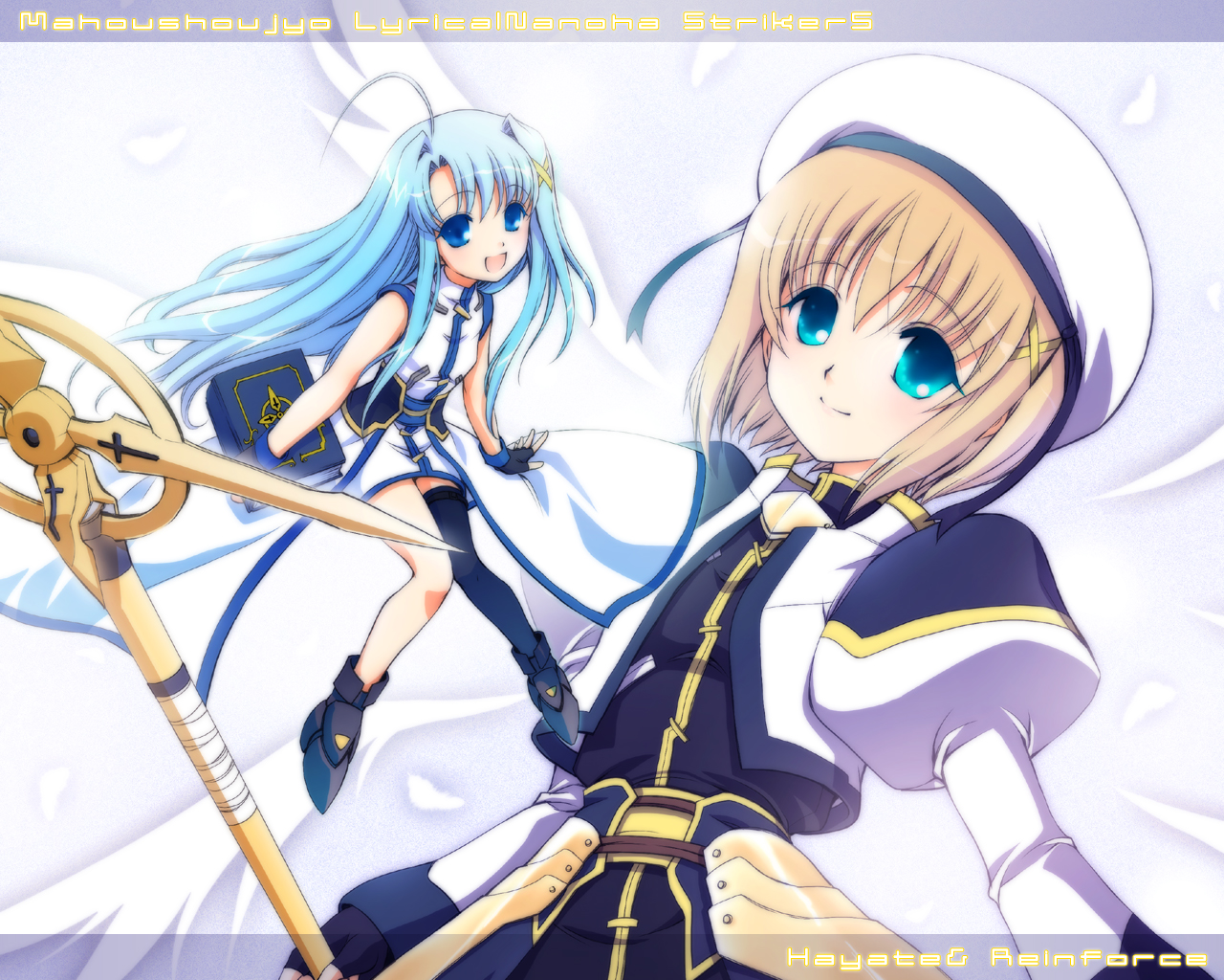 fujieda miyabi, book of the azure sky, reinforce zwei, schwertkreuz, yagami hayate, lyrical nanoha, mahou shoujo lyrical nanoha, mahou shoujo lyrical nanoha strikers, 00s, 2girls, blonde hair, blue eyes, blue hair, book, fingerless gloves, gloves, hair ornament, hat, long hair, magical girl, mini person, minigirl, multiple girls, open mouth, short hair, single thighhigh, smile, staff, thighhighs, x hair ornament