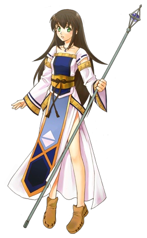 hozumi riya, viki, viki (suikoden), gensou suikoden, gensou suikoden v, lowres, official art, 1girl, :o, black hair, blush, detached sleeves, dress, female focus, flat chest, full body, green eyes, japanese clothes, jewelry, legs, long hair, necklace, obi, open mouth, pendant, rope, sash, shoes, side slit, solo, staff, standing, transparent background