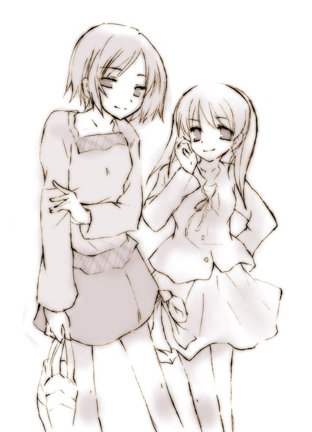 sasaki, sasaki (suzumiya haruhi), tachibana kyouko (suzumiya haruhi), suzumiya haruhi no yuuutsu, eyebrows, 00s, 2girls, bag, blush, collarbone, grocery bag, long hair, looking at viewer, monochrome, multiple girls, pink theme, shopping bag, short hair, simple background, skirt, standing, sweater, white background