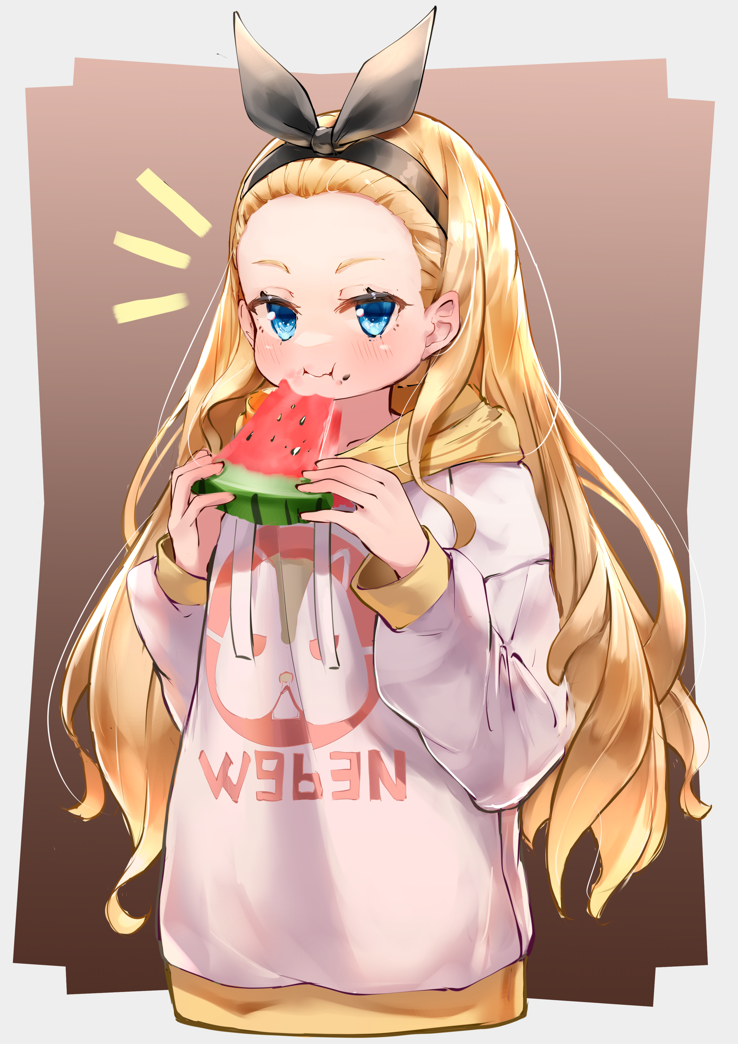 kirigirisu1221, kurumi (lycoris recoil), lycoris recoil, absurdres, commentary request, highres, 1girl, :i, black hairband, blonde hair, blue eyes, border, bow hairband, brown background, eating, food, forehead, fruit, grey border, hairband, holding, holding food, holding fruit, hood, hood down, hoodie, long hair, long sleeves, looking at viewer, notice lines, simple background, solo, watermelon, watermelon slice, yellow hood