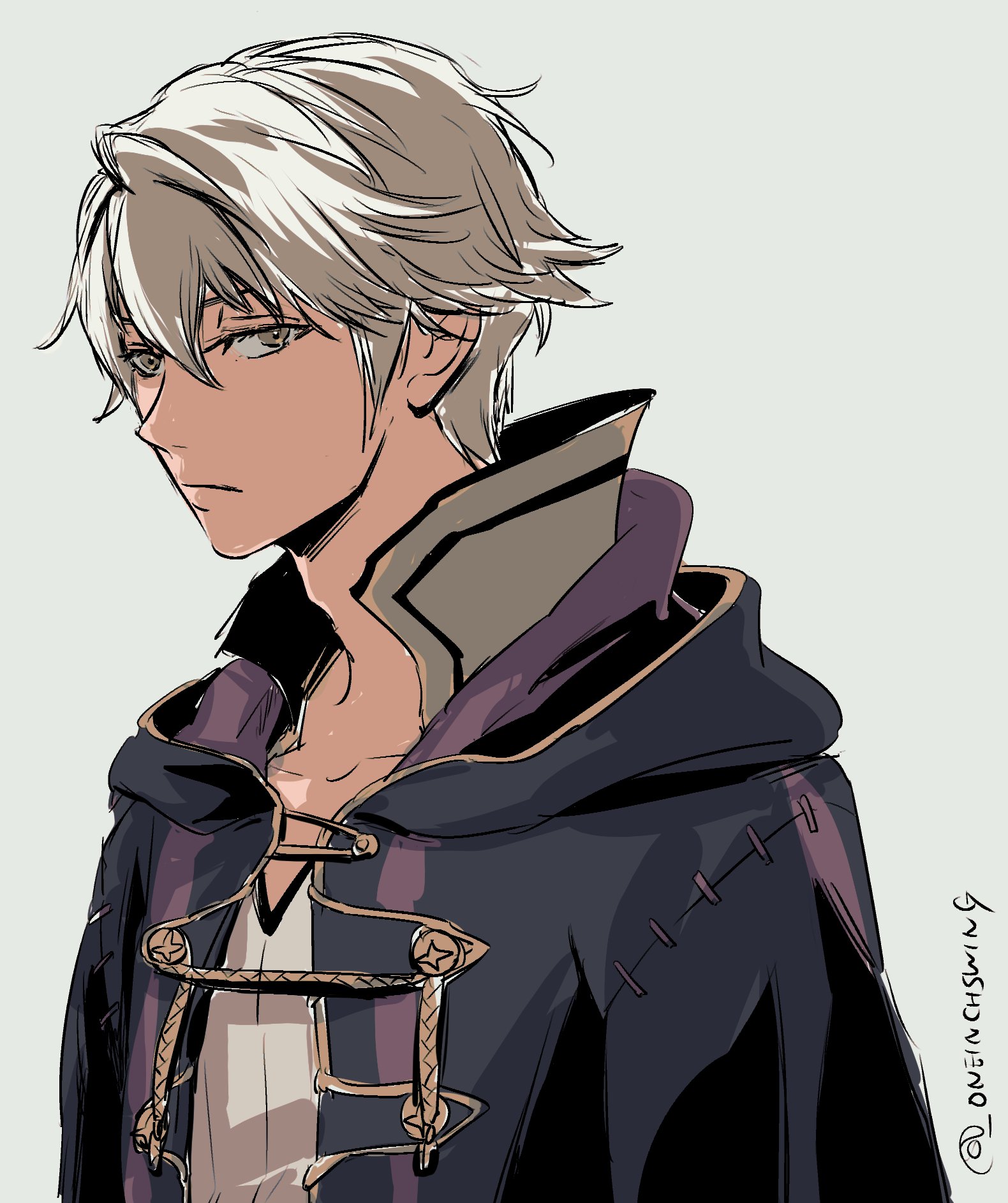 umi ( oneinchswing), male robin (fire emblem), fire emblem, fire emblem awakening, nintendo, highres, 1boy, black robe, brown eyes, closed mouth, hood, hooded robe, looking at viewer, male focus, robe, shirt, short hair, simple background, solo, upper body, watermark, white hair