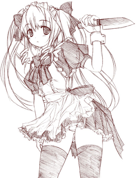 yumesato makura, airi (queen's blade), airi (the infernal temptress), queen's blade, 00s, 1girl, female focus, knife, maid, monochrome, panties, pantyshot, pink theme, sketch, solo, thighhighs, underwear, zettai ryouiki