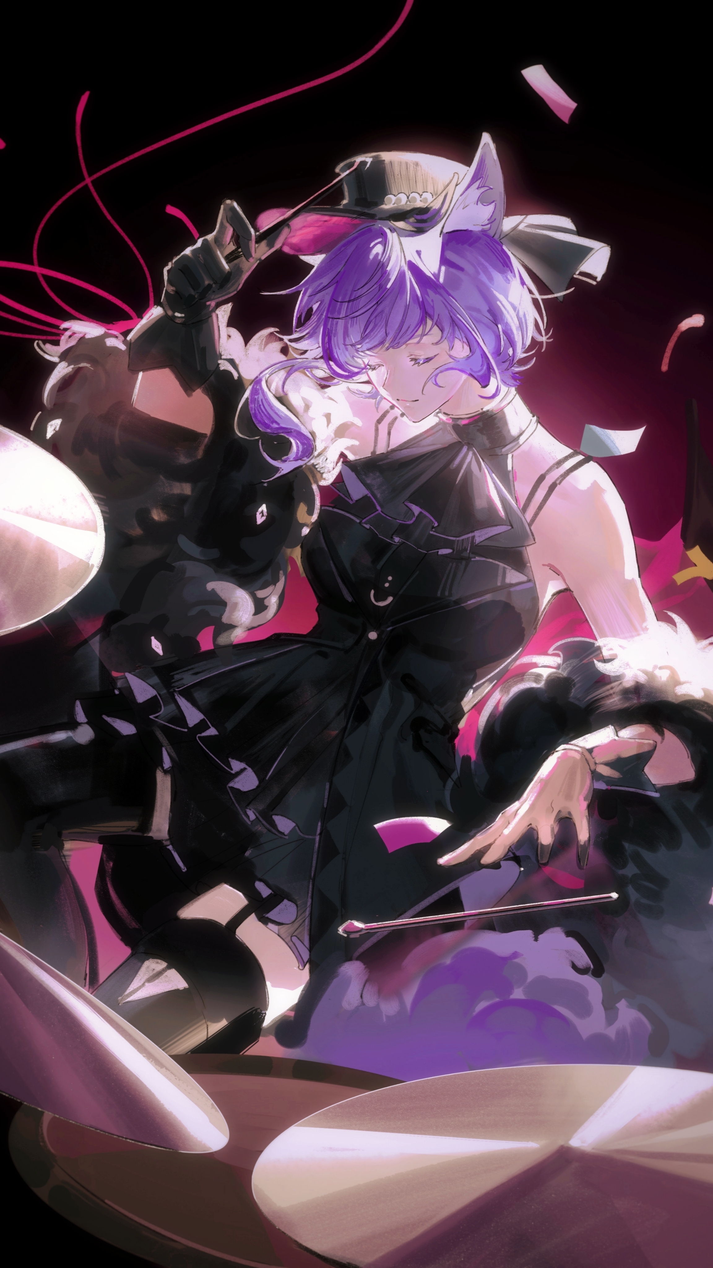 yuutenji nyamu, arknights, bang dream!, bang dream! it's mygo!!!!!, absurdres, chinese commentary, commentary request, highres, 1girl, animal ear fluff, animal ears, ascot, bare shoulders, black ascot, black background, black dress, black gloves, black hat, black thighhighs, cat ears, cat girl, closed eyes, closed mouth, confetti, dress, drum, drum set, drumsticks, feather boa, feet out of frame, gloves, hat, holding, holding drumsticks, instrument, playing drum, purple hair, short hair, smile, solo, tail, thighhighs, tuanliu huoyan, yuutenji nyamu (magician of passion)