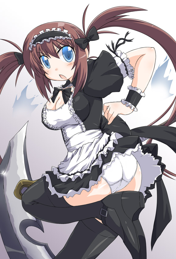 naitou kouse, airi (queen's blade), airi (the infernal temptress), naitou, queen's blade, 00s, black shoes, black thighhighs, breasts, cleavage, maid, panties, shoes, solo, thighhighs, underwear