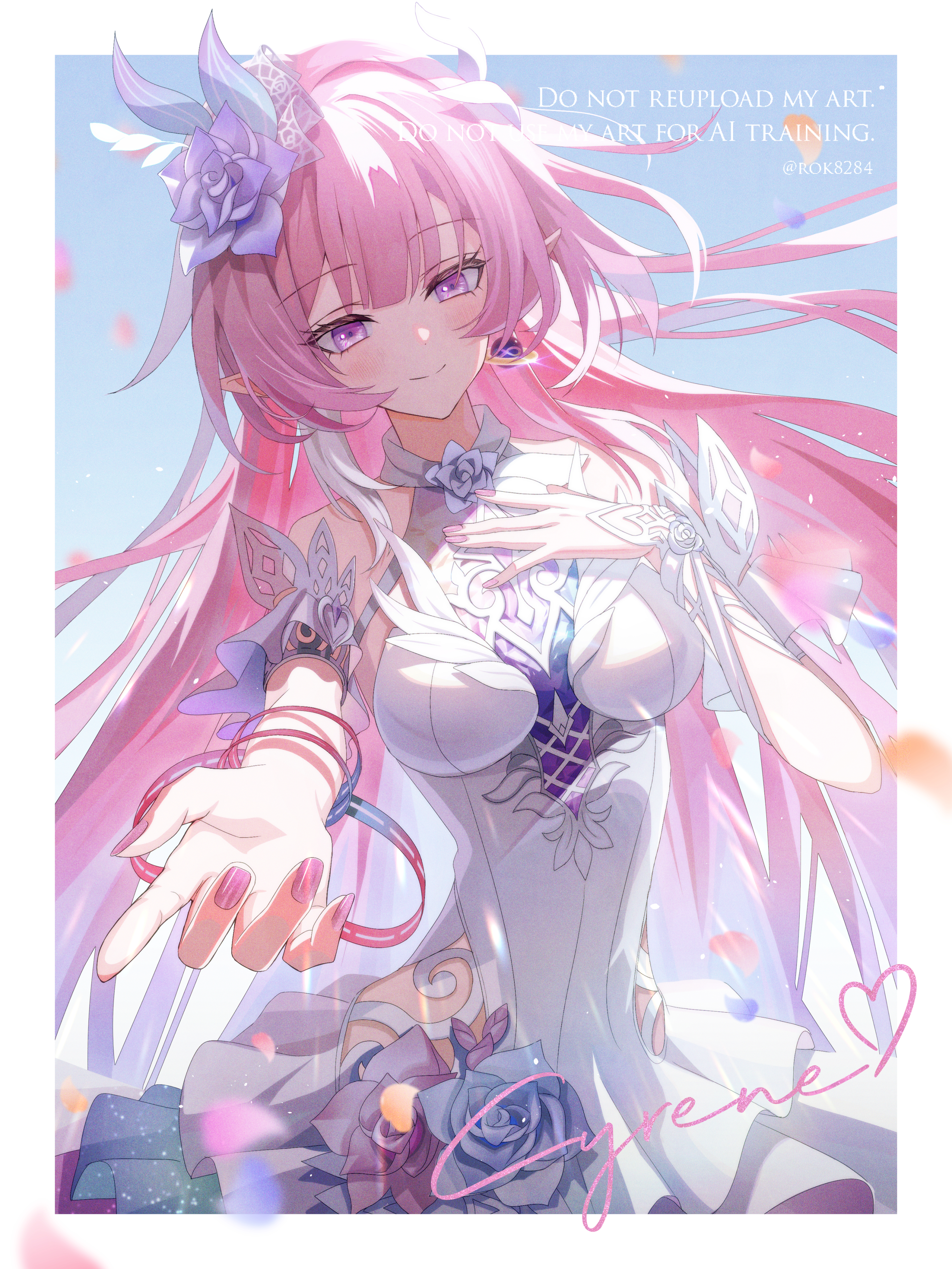 rok8284, cyrene (honkai: star rail), cyrene (ripples of past reverie) (honkai: star rail), honkai: star rail, honkai (series), absurdres, commentary, highres, 1girl, bare shoulders, blue sky, border, breasts, detached sleeves, diamond-shaped pupils, diamond (shape), dress, flower, hair flower, hair ornament, hand on own chest, large breasts, long hair, looking at viewer, pink hair, pink nails, pointy ears, purple eyes, sky, solo, symbol-shaped pupils, very long hair, white border, white dress