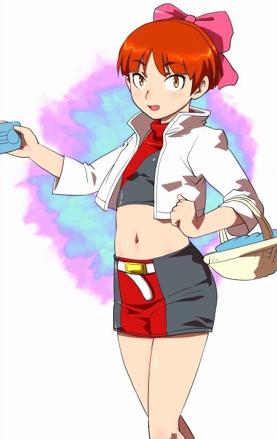 fujisawa (artist), fujisawa takashi, nekomusume, gegege no kitarou, toei company, 1girl, bow, child, elbow carry, female focus, midriff, miniskirt, pencil skirt, pink bow, skirt, solo