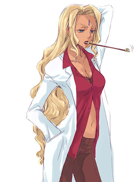 rakshata chawla, code geass, 00s, 1girl, blonde hair, blue eyes, bra, breasts, cleavage, dark-skinned female, dark skin, female focus, kiseru, lab coat, lingerie, long hair, medium breasts, mouth hold, pipe in mouth, smoking pipe, solo, underwear