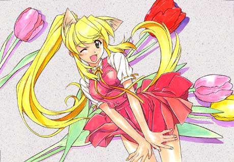 hirata katsuzou, liru, renkin san-kyuu magical pokaan, lowres, 1girl, animal ears, blonde hair, dress, extra ears, female focus, flower, long hair, open mouth, ponytail, red dress, ribbon-trimmed sleeves, ribbon trim, smile, solo, tail, tulip, werewolf, wolf ears, wolf tail