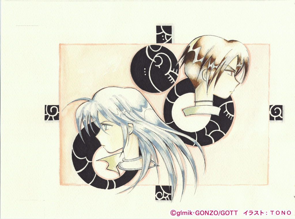 tono, dextera, sinistra, kiddy grade, beige background, silver hair, non-web source, 00s, 2boys, brown eyes, brown hair, closed mouth, episode6, expressionless, eyecatch, long hair, male focus, multiple boys, short hair, simple background, upper body