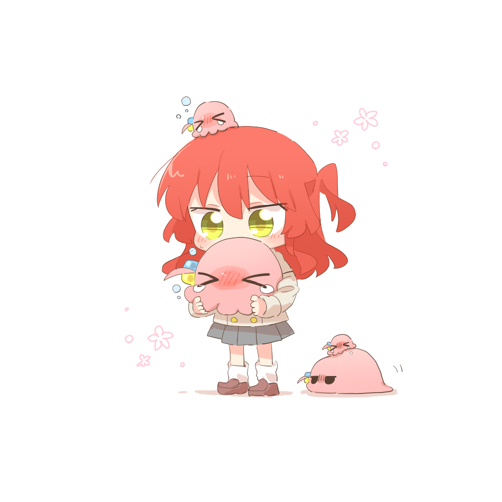 rebecca (keinelove), gotoh hitori, gotoh hitori (octopus), gotoh hitori (tsuchinoko), kita ikuyo, bocchi the rock!, commentary request, > <, 1girl, blush, brown shirt, brown shoes, chibi, chibi only, closed eyes, full body, grey skirt, holding, long hair, long sleeves, one side up, pleated skirt, red hair, school uniform, shirt, shoes, shuka high school uniform, simple background, skirt, socks, standing, white background, white socks, yellow eyes