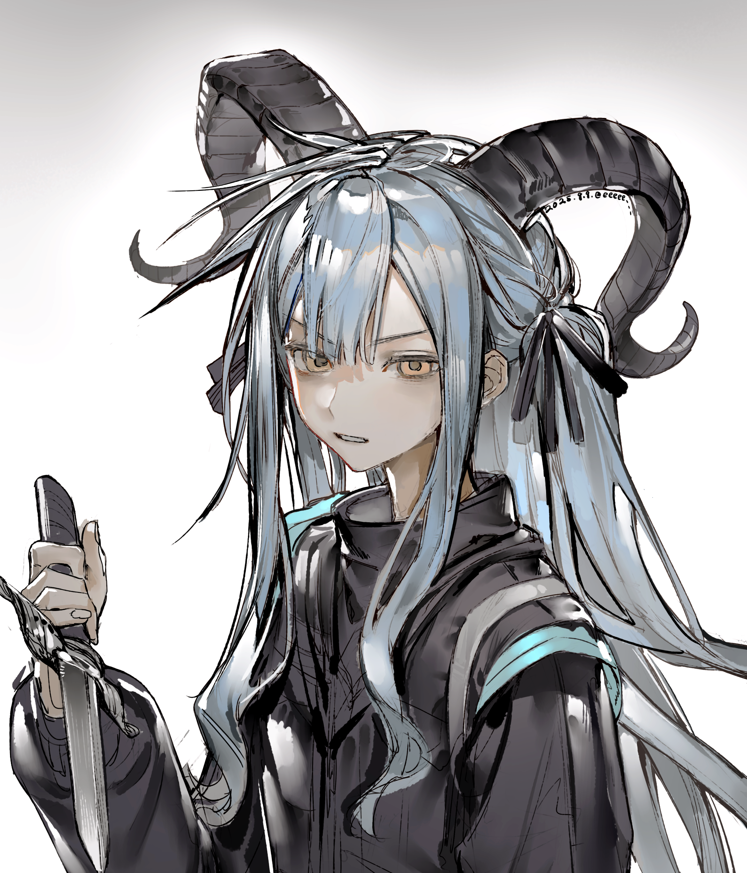 luobi jishui, togawa sakiko, arknights, bang dream!, bang dream! it's mygo!!!!!, absurdres, chinese commentary, commentary request, highres, 1girl, black jacket, black ribbon, blue hair, blunt bangs, curled horns, dagger, glaring, hair ribbon, hand up, holding, holding dagger, holding knife, holding weapon, horns, jacket, knife, long hair, looking at viewer, ribbon, sidelocks, simple background, solo, togawa sakiko (master of melodia), two side up, upper body, weapon, white background, yellow eyes
