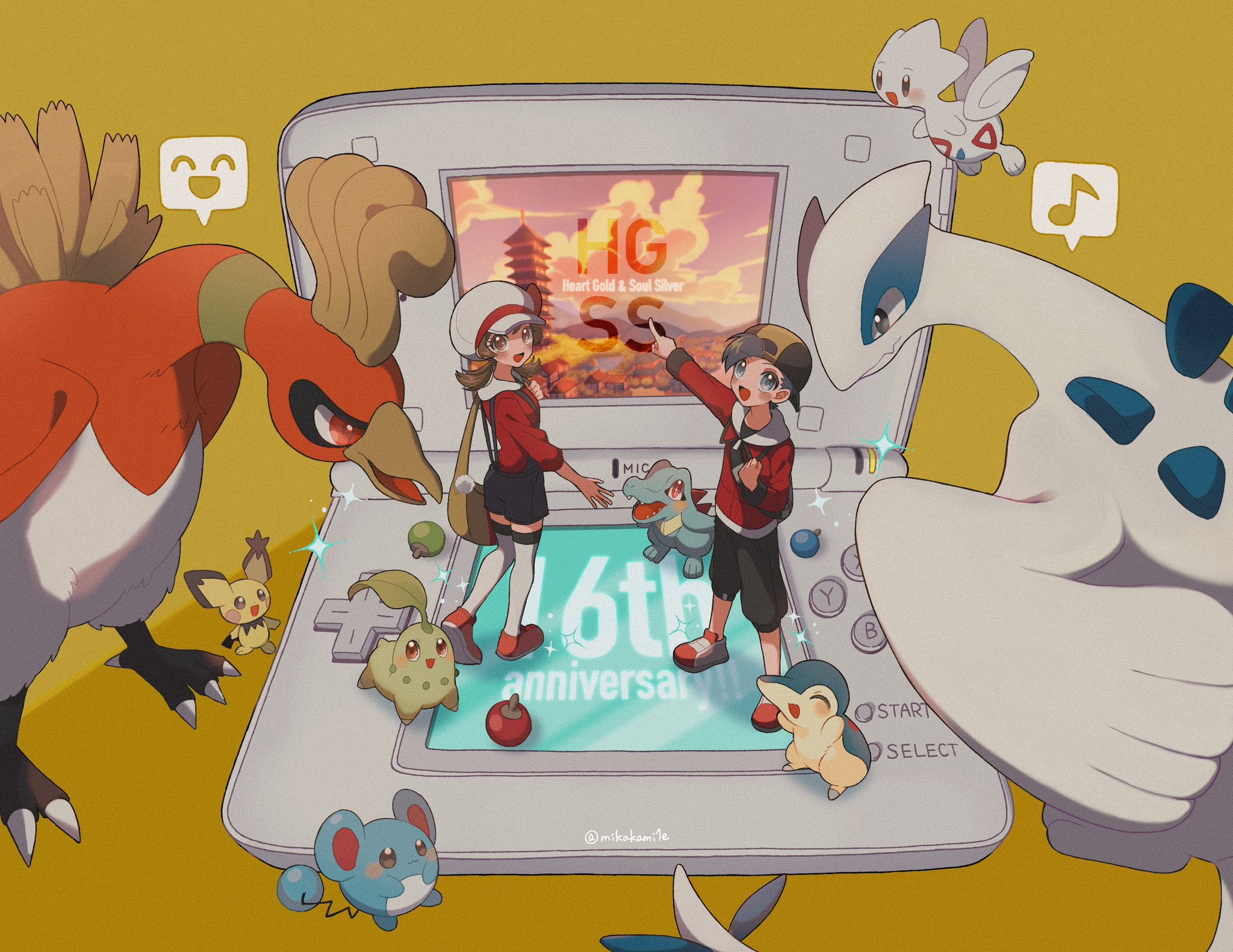 mikakami1e, apricorn, chikorita, cyndaquil, ethan (pokemon), ho-oh, lugia, lyra (pokemon), marill, pichu, togetic, nintendo, pokemon, pokemon hgss, highres, 1boy, 1girl, backwards hat, baseball cap, beak, bird, black hair, blue overalls, blush, bow, brown eyes, brown hair, closed eyes, closed mouth, emoticon, flying, gen 2 pokemon, handheld game console, hat, hat bow, jacket, legendary pokemon, long hair, long sleeves, newsboy cap, nintendo ds, open mouth, overalls, pants, pokemon (creature), red jacket, red shirt, ribbon, screen, shirt, short hair, smile, thighhighs, twintails, white hat, white thighhighs, wings, yellow bag