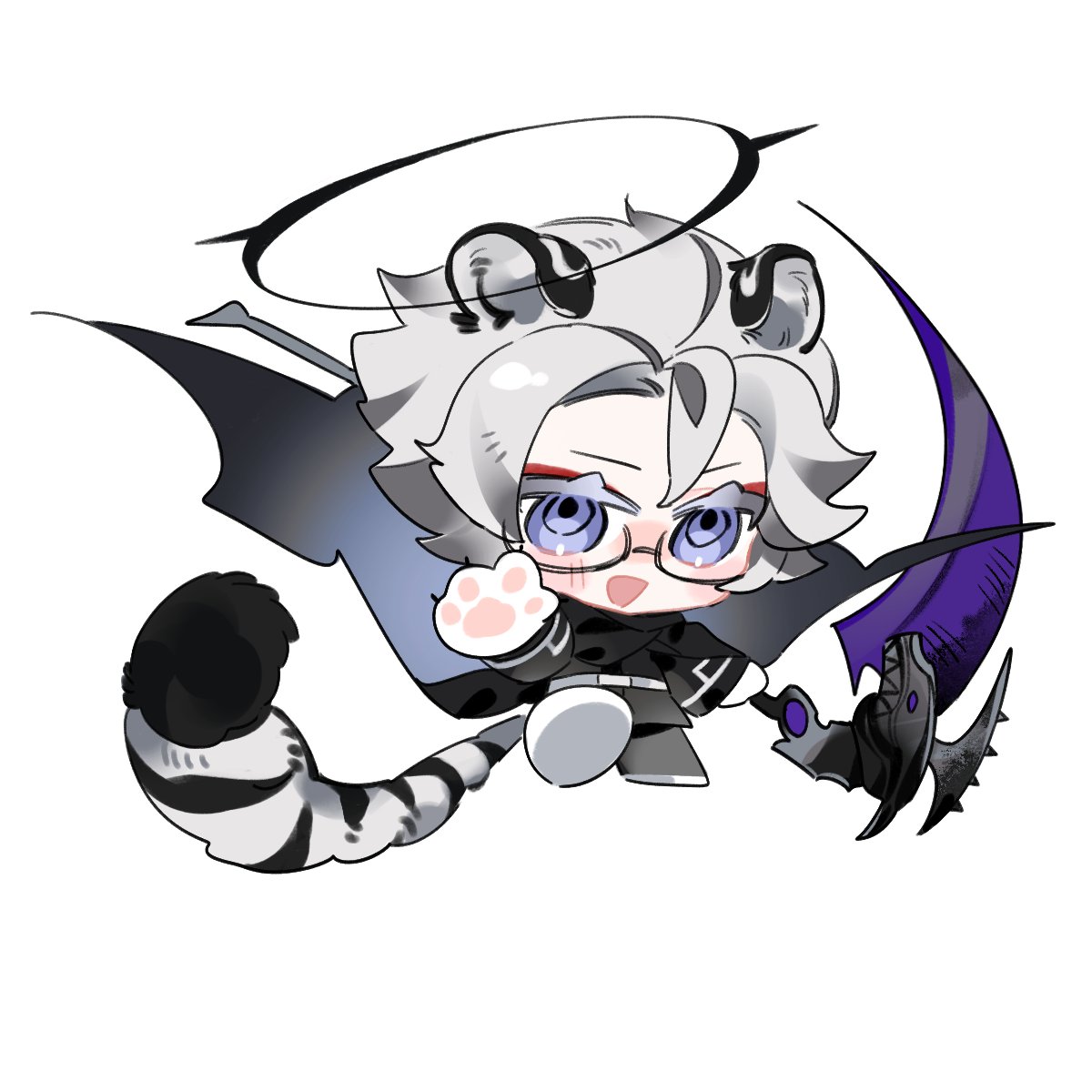 aotsuki eito, the hundred line -last defense academy-, commentary, highres, 1boy, animal ears, animal hands, black cloak, black halo, black jacket, black pants, blush, chibi, chibi only, cloak, eyeliner, gakuran, glasses, gloves, grey hair, halo, holding, holding scythe, holding weapon, jacket, kemonomimi mode, last defense academy school uniform, looking at viewer, lunarsea404, makeup, male focus, official alternate hairstyle, open mouth, pants, purple eyes, red eyeliner, school uniform, scythe, short hair, simple background, solo, tail, tiger boy, tiger ears, tiger tail, weapon, white background, white gloves