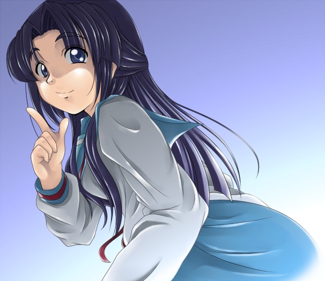 wtst, asakura ryoko, suzumiya haruhi no yuuutsu, 00s, 1girl, blue eyes, blue hair, female focus, half updo, long hair, matching hair/eyes, school uniform, serafuku, solo