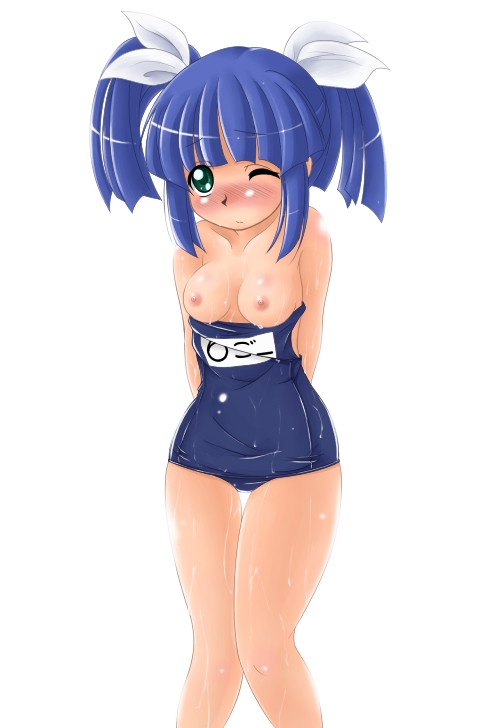 wtst, suzuki sayaka, pani poni dash!, 00s, 1girl, arms behind back, bare legs, blue hair, breasts, clothes pull, female focus, name tag, nipple slip, nipples, one-piece swimsuit, one-piece swimsuit pull, school swimsuit, solo, sweat, swimsuit, thigh gap, twintails, wet