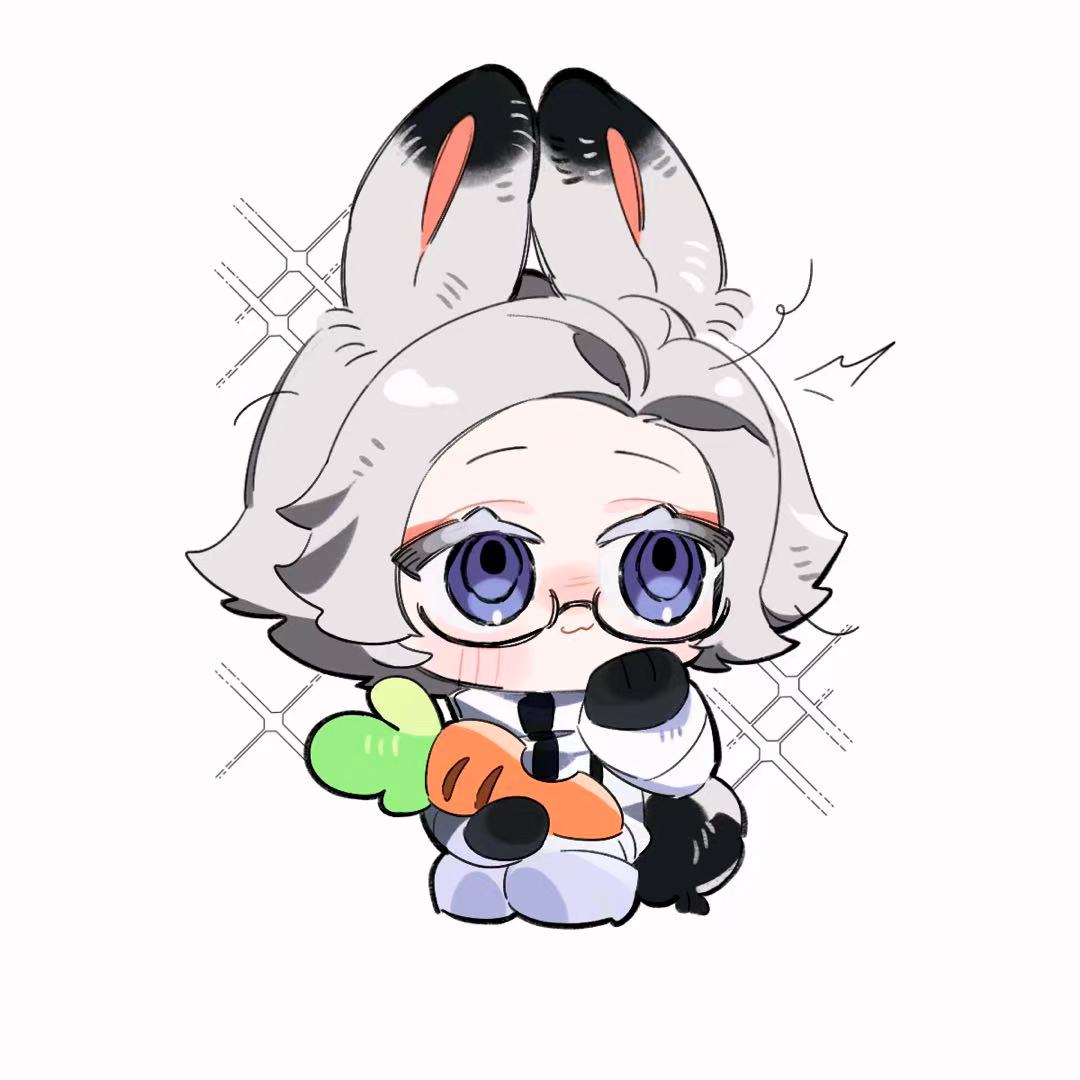 aotsuki eito, the hundred line -last defense academy-, commentary, 1boy, :3, animal ears, black gloves, carrot, glasses, gloves, grey hair, holding, holding carrot, jacket, kemonomimi mode, looking at viewer, lunarsea404, male focus, purple eyes, rabbit boy, rabbit ears, rabbit tail, seiza, short hair, simple background, sitting, solo, sparkle, stray hair, tail, white background, white jacket