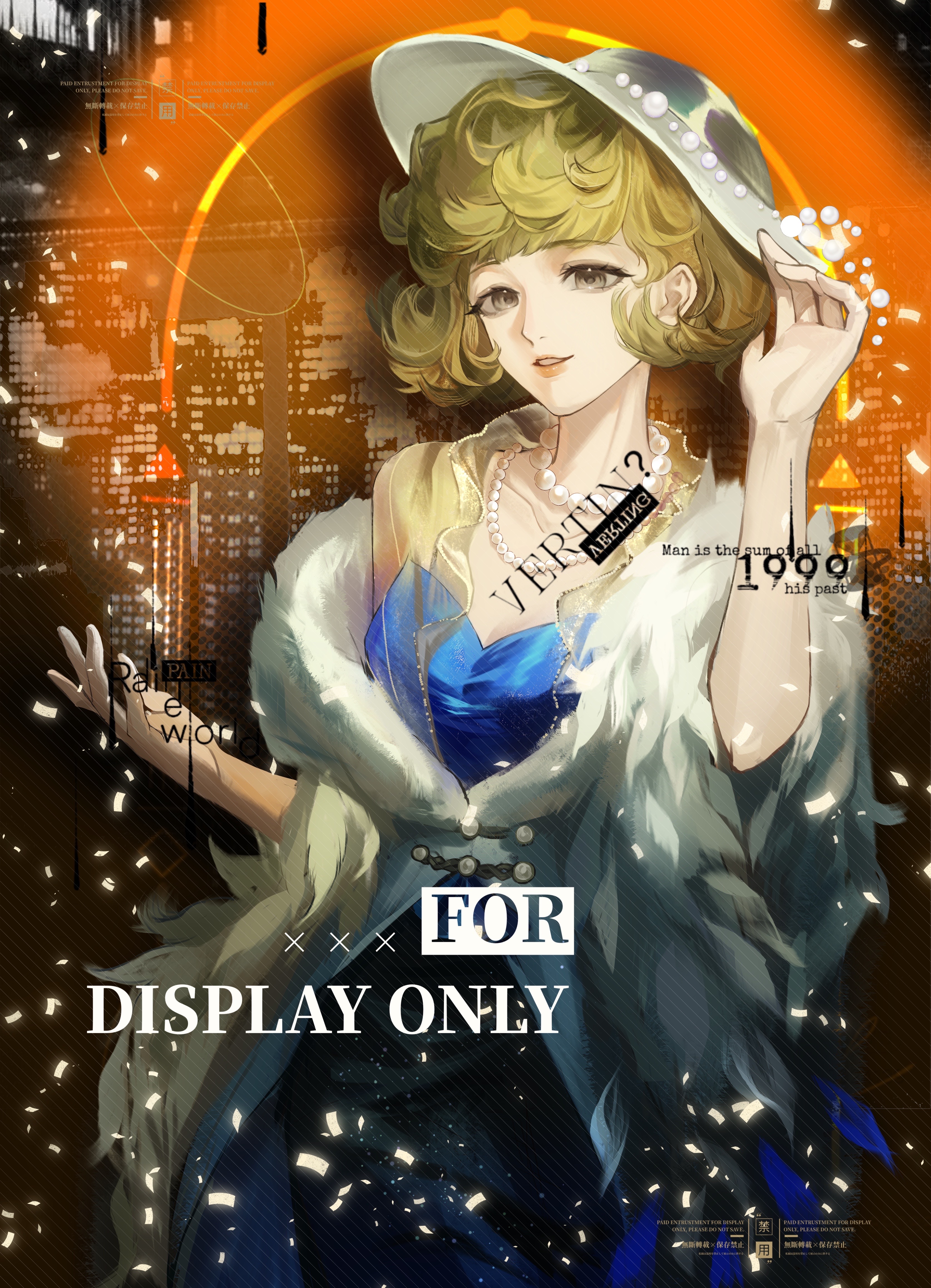 ms. newbabel, reverse:1999, absurdres, commission, highres, 1girl, blonde hair, blue shirt, city lights, feather boa, guguya, hands up, hat, official alternate costume, orange background, parted lips, see-through clothes, see-through sleeves, shadow, shirt, short hair, solo, upper body, watermark, white hat, yellow eyes