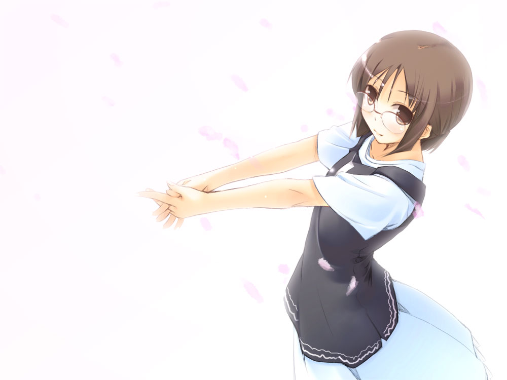 jirou (chekoro), original, 1girl, blue dress, brown eyes, brown hair, cherry blossoms, dress, female focus, from side, glasses, interlocked fingers, outstretched arms, own hands clasped, own hands together, petals, short hair, short sleeves, smile, solo, vest